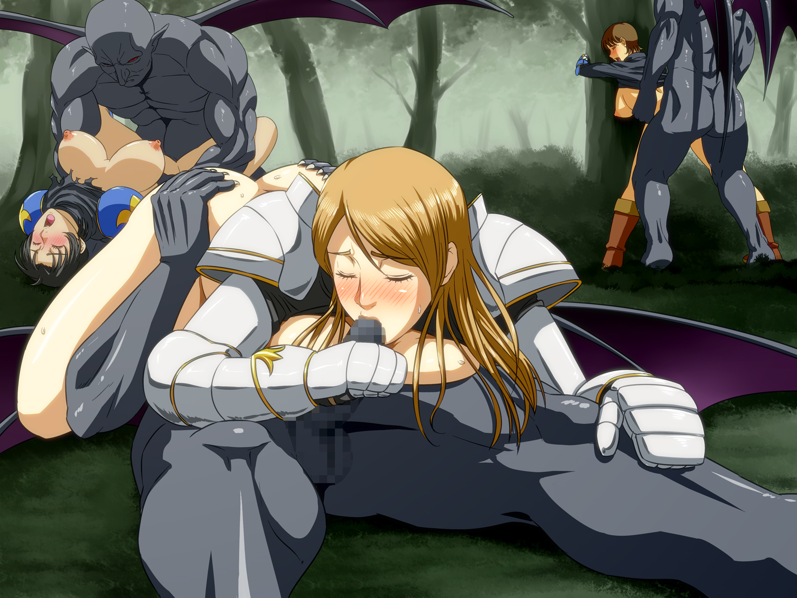 3boys, 3girls, 3monsters, 69, arched back, armor, ass, blonde hair, breasts, censored, closed eyes, clothing, defeated, fellatio, female, forest, gangrape, hair, head back, inja no kuruwa, interspecies, large breasts, long hair, makeikusa onna senshitachi no haiboku no ryoujoku, male, mass rape, moaning, monster, monster rape, mosaic censoring, multiple boys, multiple females, multiple girls, multiple males, multiple rape, open mouth, oral, orgy, outdoor sex, party wipe, penetration, penis, pussy, rape, spoils of war, spread legs, sweat, vaginal penetration, wings