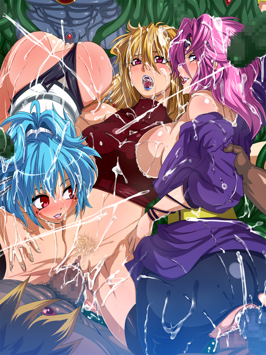 3girls alfimi anus ass big_ass blonde_hair blue_eyes blue_hair blue_lipstick breasts censored cum cum_on_body cum_on_breasts excellen_browning hair huge_ass kyousuke_nanbu large_breasts lemon_browning multiple_girls orgy penis pink_hair pubic_hair raburebo red_eyes super_robot_wars super_robot_wars_original_generation sweat