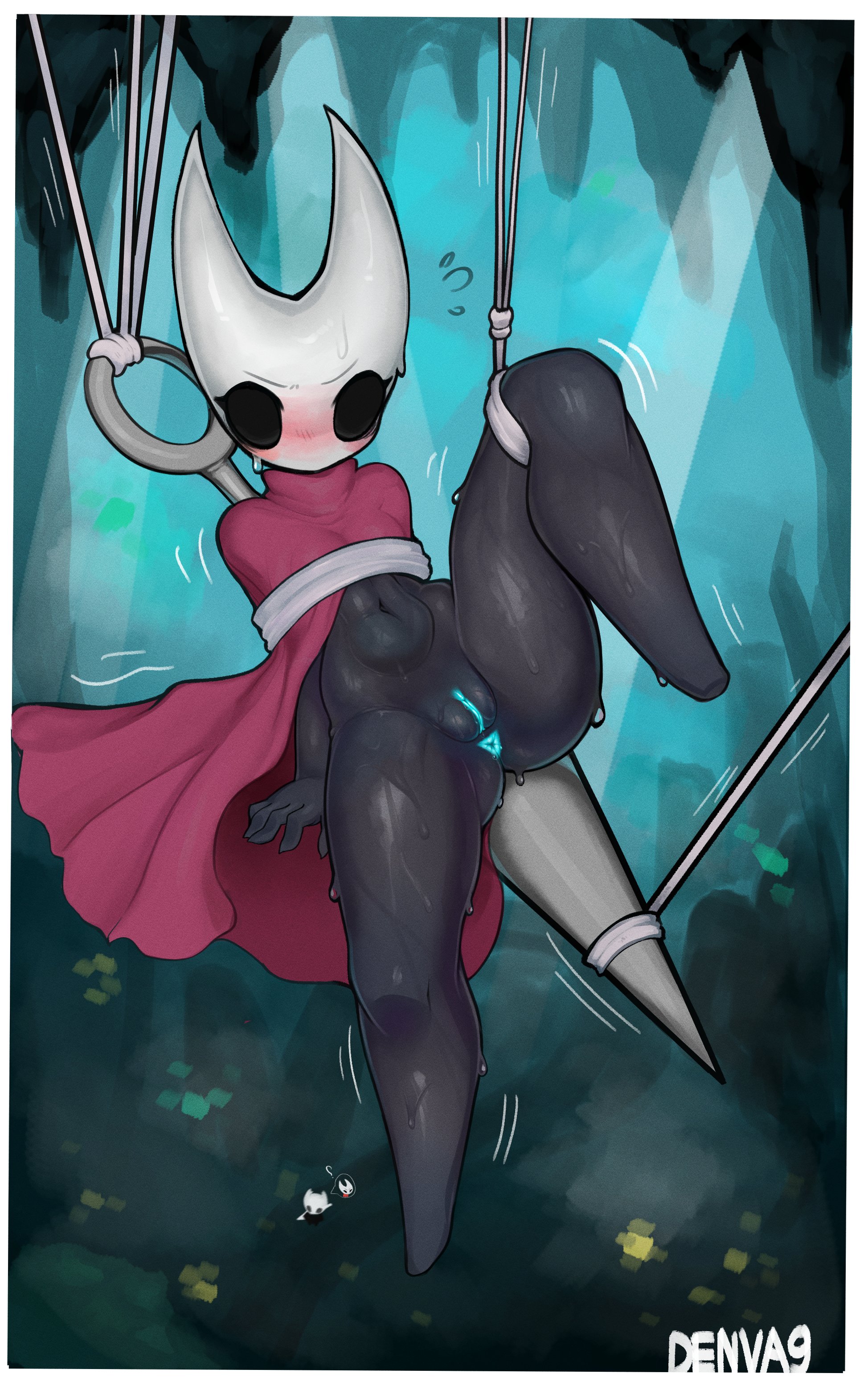 1girls, anthro, ass, ass focus, black body, black eyes, black sclera, black skin, blank eyes, blush, bondage, bound, breasts, cloak, clothing, color, colored background, dark skin, denva9, digital media (artwork), embarrassed, embarrassed nude female, empty eyes, enf, exposed ass, exposed breasts, exposed pussy, eyebrows, fecharis, female, female only, forced exposure, forced presentation, from below, gradient background, highlights (coloring), hollow knight, hornet (hollow knight), humanoid, labia, lens flare, medium breasts, mouthless, movement lines, naked under cloak, needle, nipples, no mouth, no toes, no underwear, outerwear, peach pussy, pussy, red cloak, reflection, restrained, simple background, skindentation, solid eyes, solo, solo female, suspended, sweatdrop, team cherry, thick, thick ass, thick thighs, thighs, thread, tied up, toeless, upskirt, video games, wardrobe malfunction, weapon