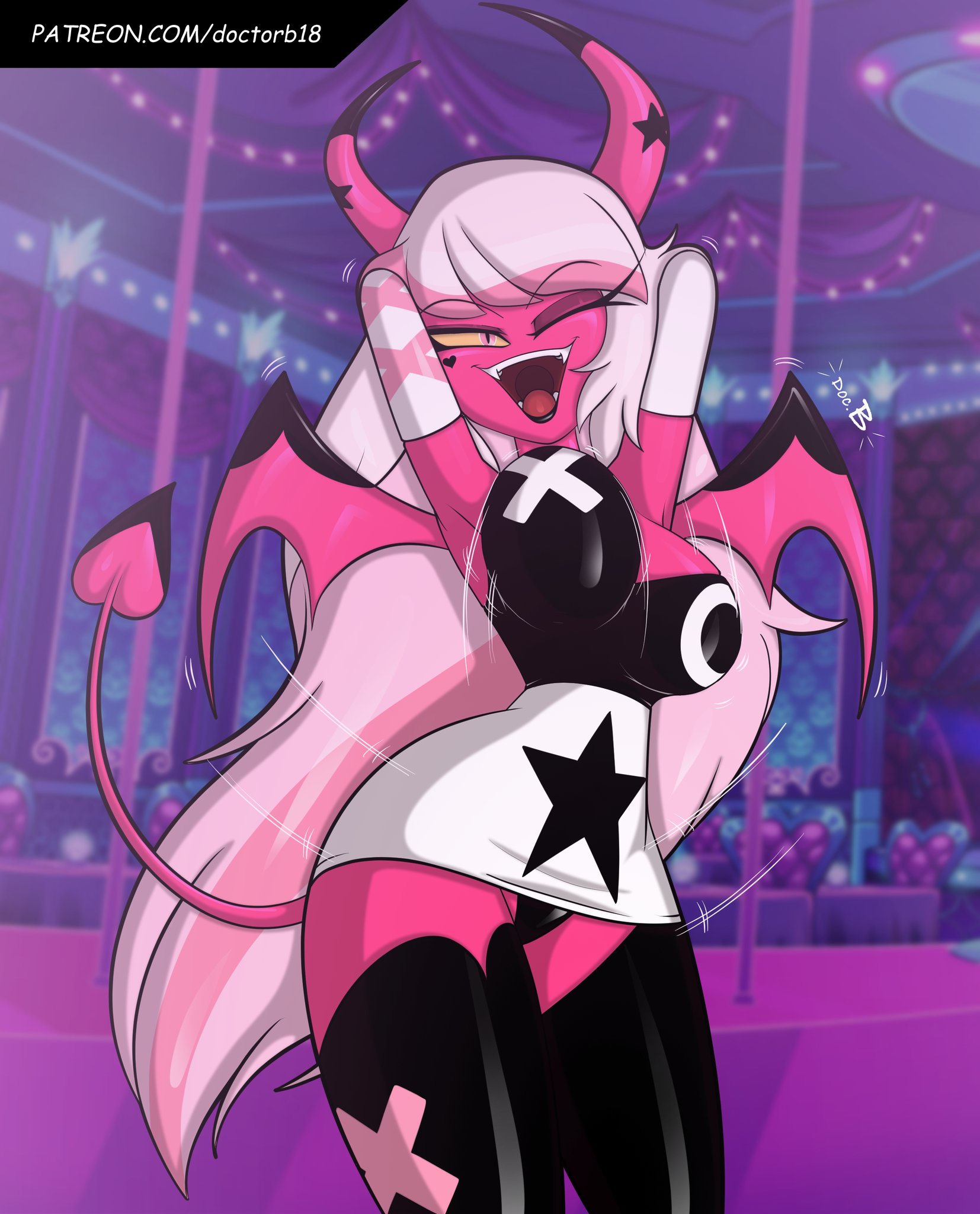 1girls, bare shoulders, big breasts, blush, breasts, clothed, clothing, color, dancing, doc.b, female, female focus, female only, helluva boss, hi res, large breasts, long hair, looking at viewer, nightclub, pink body, pink eyes, pink hair, pink skin, solo, solo female, succubus, succubus horns, succubus tail, succubus wings, tagme, thick thighs, verosika mayday (helluva boss)