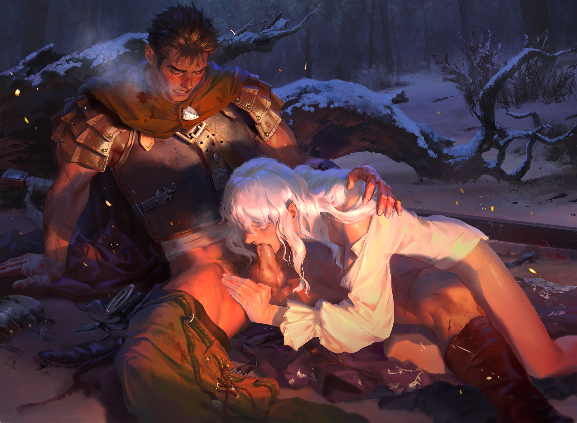 2boys, berserk, femboy, gay, griffith, guts (berserk), intimacy, long-haired male, male, male only, multiple boys, multiple males, oral sex, painting (artwork), sexual intimacy, terribleaunt, yaoi