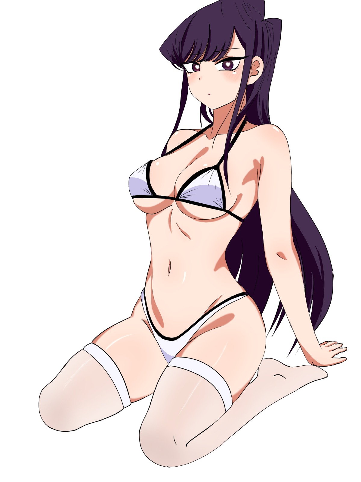 1girls, ankles, arm support, bare belly, belly, belly button, bikini, bikini bottom, bikini only, bikini top, black hair, black-haired female, blank expression, blank eyes, blank stare, breasts, brown eyes, brown-eyed female, busty, busty female, busty teenager, calves, cleavage, collarbone, curvaceous, curvaceous body, curvaceous female, curvaceous figure, curvaceous hips, curvaceous teenager, curvy, curvy body, curvy female, curvy figure, curvy hips, digital, digital art, digital drawing, digital drawing (artwork), digital media, digital media (artwork), emotionless, exposed belly, eyebrows visible through hair, feet, female, female focus, female only, fingers, full body, groin, half naked, half nude, halterneck, heart eyes, heart-shaped pupils, high resolution, high school student, highres, hourglass figure, inframammary fold, inguinal crease, inguinal ligament, komi shouko, komi-san wa komyushou desu, large breasts, lean figure, legs, legs foldedwariza, legwear, long hair, looking at viewer, midriff, naked, naked female, naked woman, narrow waist, navel, nipple bulge, nude, nude female, nudity, schoolgirl, seiza, semi nude, sephtis, shiny breasts, shiny legs, shiny shoulders, shiny skin, shiny thighs, shoulders, simple background, sitting, sitting on floor, sitting on ground, sitting on knees, slender body, slender waist, slim waist, soles, solo, stockings, string bikini, swept bangs, swimsuit, swimwear, teenage female, teenager, thigh highs, thighhighs, thighs, white background, white bikini, white bikini bottom, white bikini top, white legwear, white stockings, white string bikini, white swimsuit, white swimwear, white thigh highs, white thighhighs, wide hips, young female, young woman, zettai ryouiki
