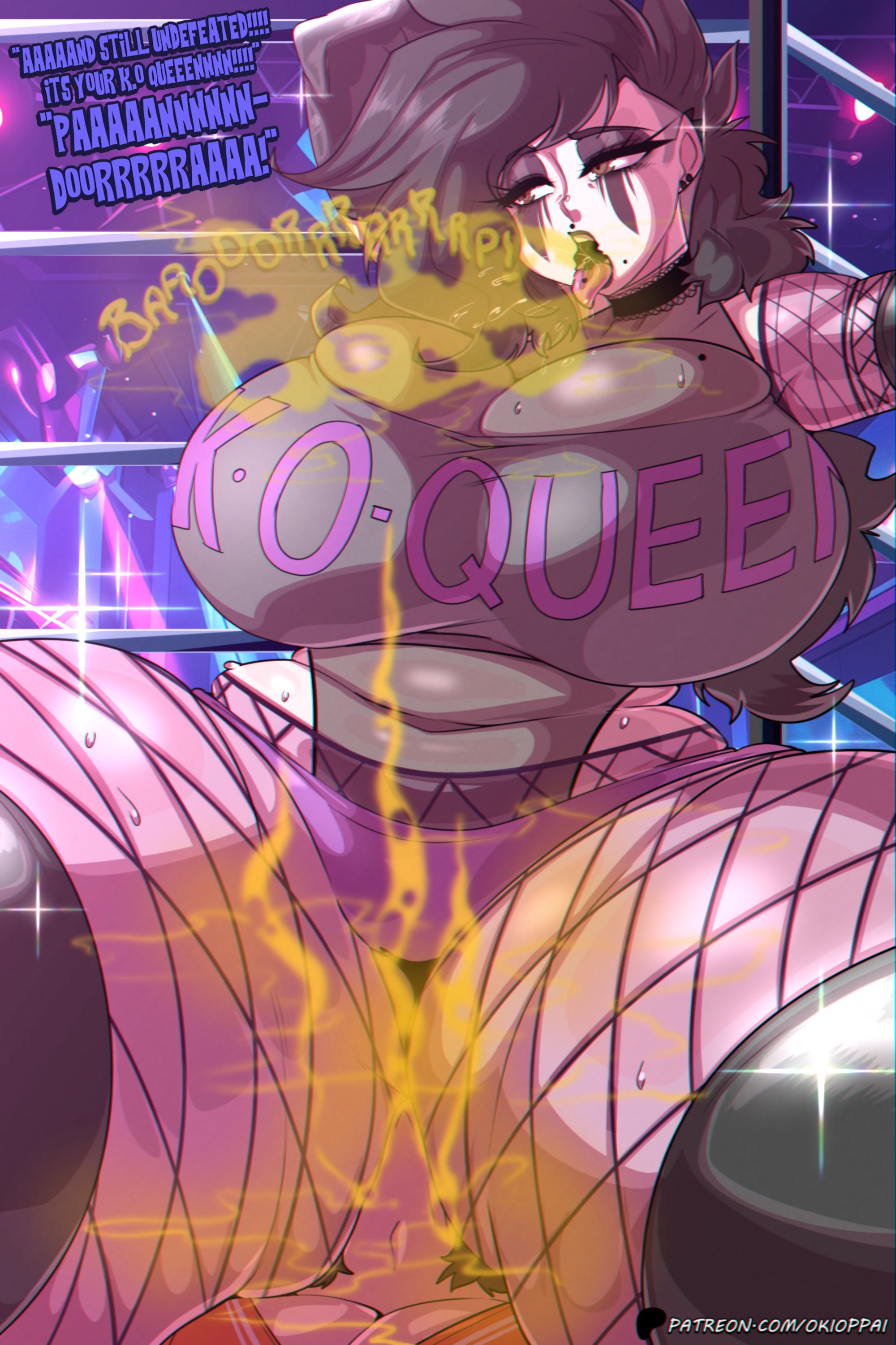 both ends, burp, burp fetish, burping, chubby, face fart, face farting, facesitting, fart, fart fetish, fart in face, farting, female, femdom, goth, goth girl, okifetish, pandora (okioppai), sweaty, text, thick thighs, wrestling, wrestling outfit