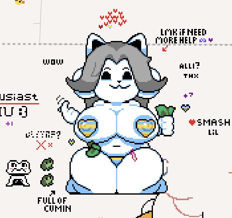 big boobs, breasts, female, greydihh, holding object, nipple covers, octotron2000, pixel art, place, sitting, stickers, tagme, tail, temmie (undertale), undertale, wplace