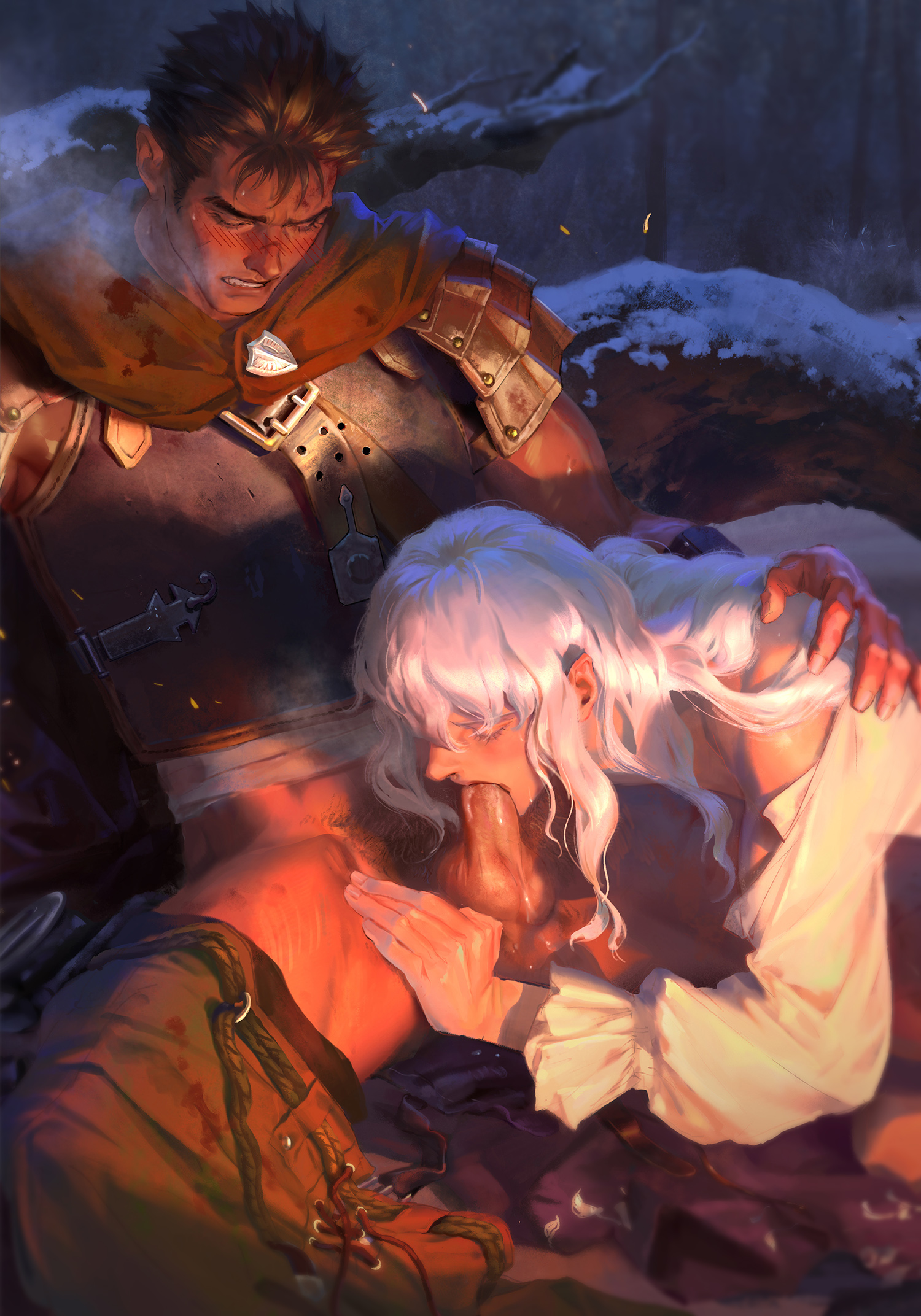 2boys, berserk, femboy, gay, griffith, guts (berserk), male, oral sex, painting (artwork), terribleaunt, yaoi