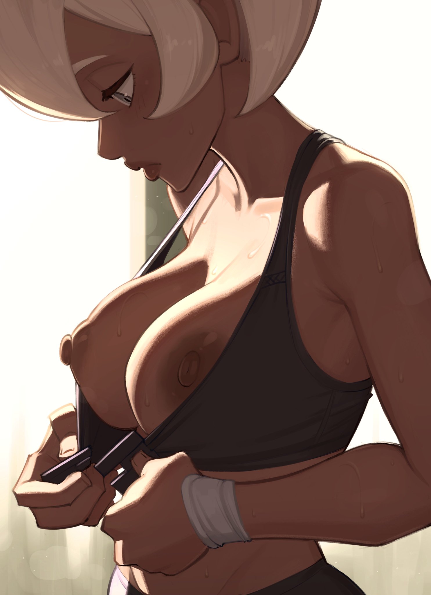 1girls, bare arms, bare breasts, bare shoulders, bea (pokemon), big breasts, bra, breasts, clothed, clothing, color, dark skin, dark-skinned female, female, female focus, female only, game freak, grey hair, gym leader, hi res, large breasts, nintendo, nipples, pokemon, pokemon ss, pokemon trainer, short hair, solo, solo female, tagme, vehn