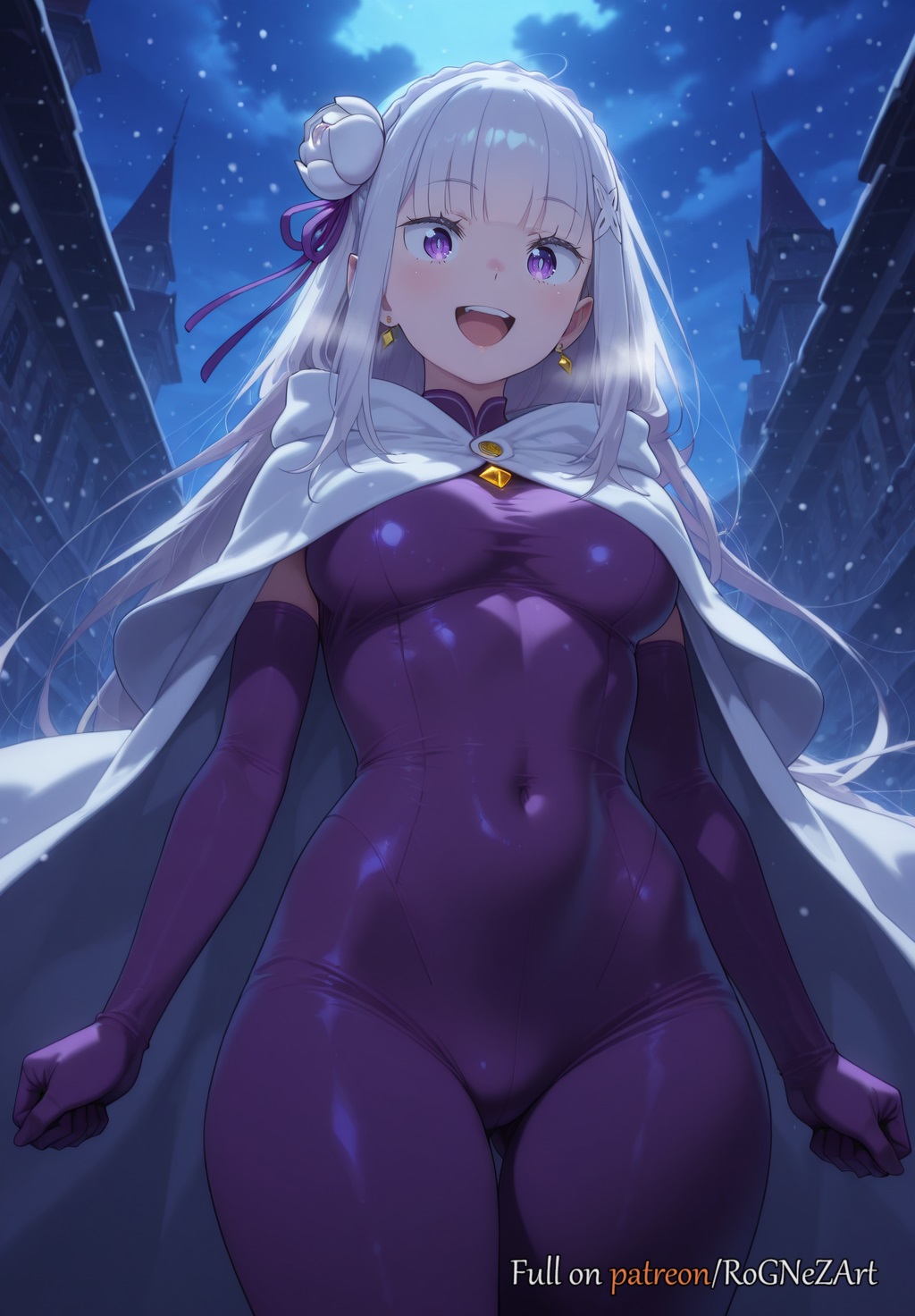 :d, 2025, ai generated, anime, bangs, blunt bangs, blush, bodysuit, braid, braided hair, breasts, building, cape, cleavage, covered navel, crossover, earrings, elbow gloves, emilia (re:zero), eye contact, female, female focus, female only, flower, flushed, from below, gloves, hair accessory, hair flower, hair ornament, hair ribbon, handwear, highres, jewelry, long hair, looking at viewer, low angle, medium breasts, moaning, night, open mouth, outdoors, patreon, pointy ears, purple eyes, purple gloves, purple ribbon, re:zero kara hajimeru isekai seikatsu, ribbon, rognezart, skin tight, sky, smile, smiling, snowing, solo, teeth, unitard, upper teeth only, very long hair, white flower, white hair, white rose, x hair ornament