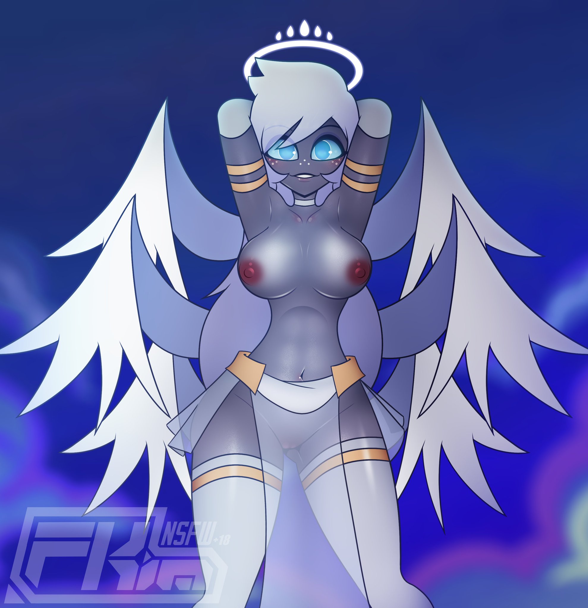 1girls, angel, angel girl, angel wings, aureola, bare arms, bare breasts, bare legs, bare shoulders, bare thighs, big breasts, blue eyes, blush, breasts, clothed, clothing, color, emily (hazbin hotel), female, female focus, female only, fkimnsfw, hazbin hotel, hi res, large breasts, long hair, looking at viewer, nipples, pussy, solo, solo female, tagme, thick thighs, vivienne medrano, white hair