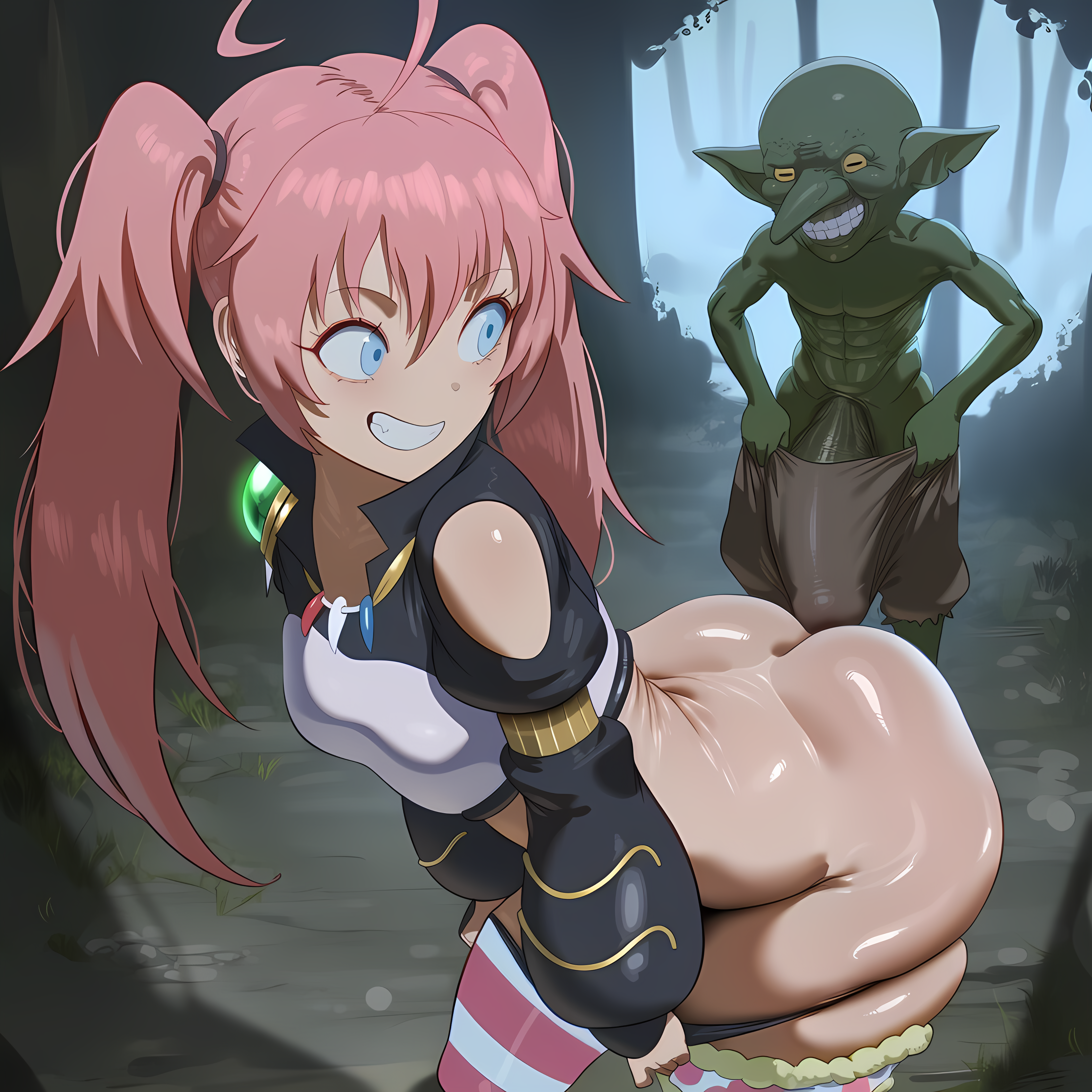 1boy, 1girls, abs, ai generated, ass, blue eyes, breasts, bulge, bulge through clothing, clothed female, clothing, female, forest, goblin, goblin male, green skin, grin, hentai4life , imminent penetration, imminent sex, inviting, inviting to sex, looking back, male, milim nava, novelai, pink hair, pointy ears, pulling down pants, pulling pants down, six pack, small breasts, tensei shitara slime datta ken, yellow eyes
