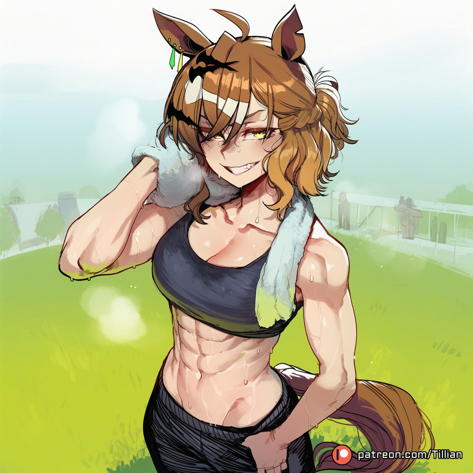 abs, ai generated, artwork, black tank top, earrings, female, horse girl, horse tail, jungle pocket (umamusume), muscular, muscular female, short hair, six pack, smiling, smiling at viewer, smirking at viewer, tight clothing, tight pants, tillian, towel around neck, umamusume, umamusume pretty derby