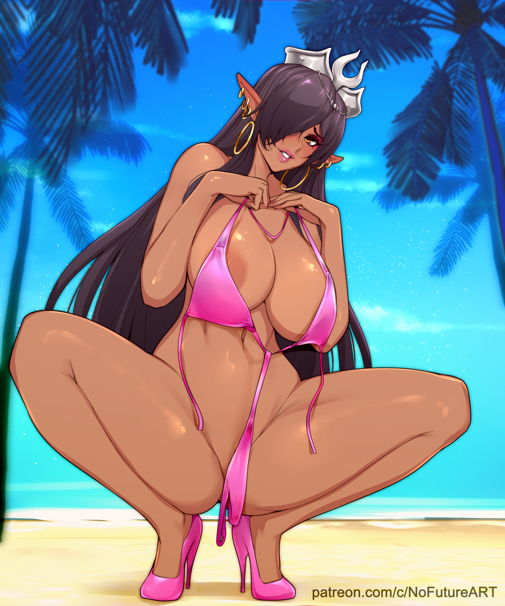1girls, areolae, beach, big breasts, bikini, black hair, blush, breasts, crown, dark elf, dark skin, dark-skinned female, earrings, elf, elf ears, elf female, female, female only, grin, grinning at viewer, hair over one eye, heels, hi res, kuroinu ~kedakaki seijo wa hakudaku ni somaru~, long hair, looking at viewer, nofuture, olga discordia, pink bikini, pink lipstick, smiling, smiling at viewer, solo, squatting, thick thighs, wardrobe malfunction, yellow eyes