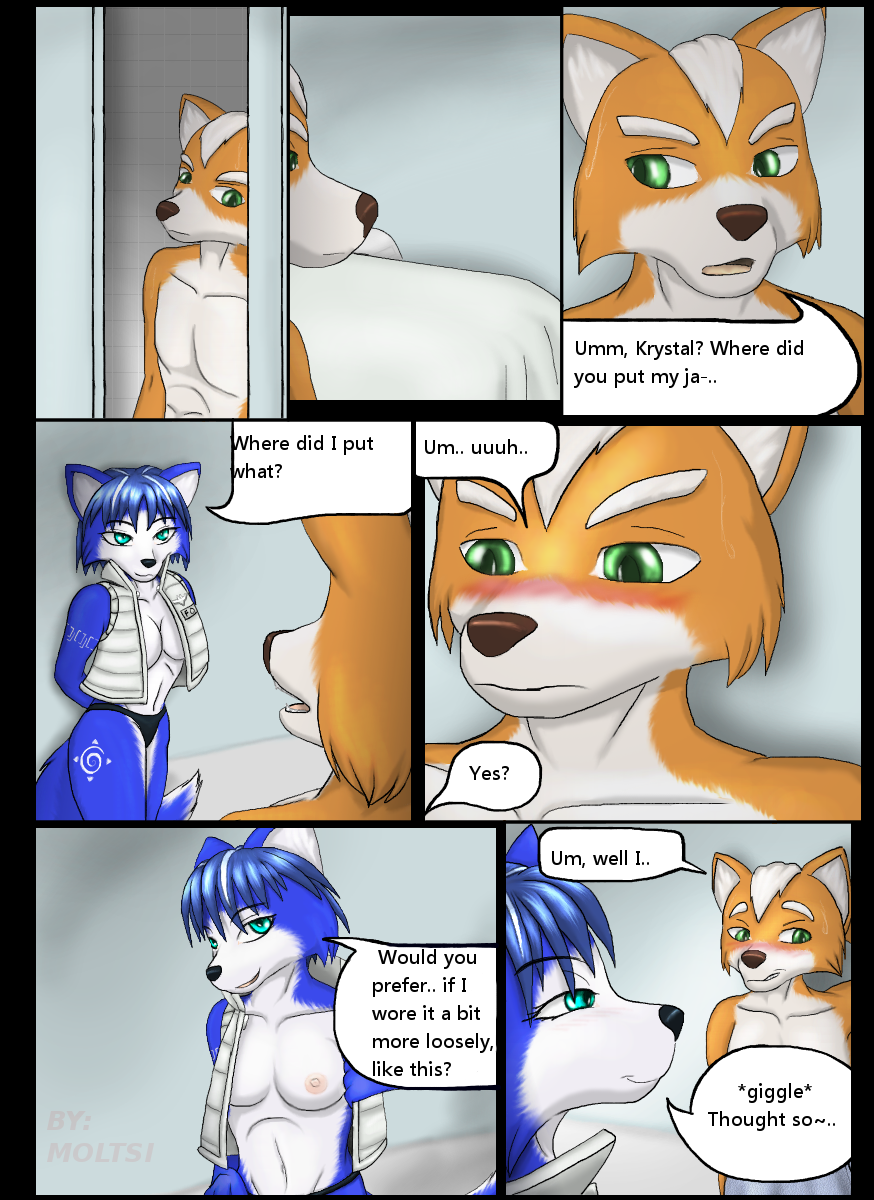 1boy 1girls anthro blue_body blue_fur blue_hair canid canine clothing comic english_text female fox fox_mccloud fur furry future hair hi_res krystal male male/female mammal moltsi nintendo nipples shower star_fox straight text undressing video_games white_body white_fur