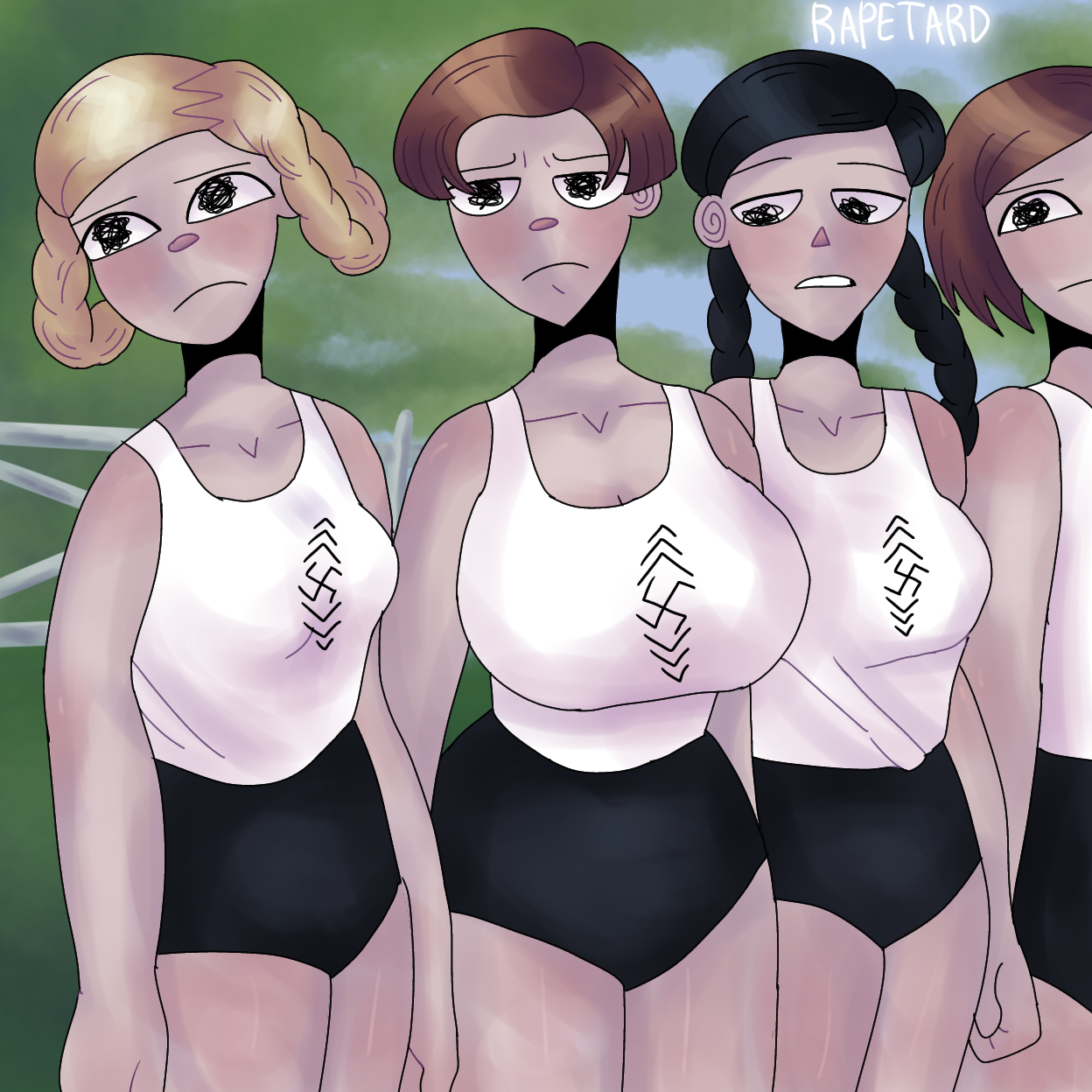 20th century, 2d, 2d (artwork), 4girls, artist name, artist signature, aryan, athletic wear, bare shoulders, bdm, big breasts, black eyes, black hair, black short shorts, black shorts, blonde female, blonde hair, blonde-haired female, blurry background, braid, braided hair, braided twintails, breast envy, breasts, brown hair, bund deutscher mädel, closed mouth, collarbone, dark eyes, dark hair, envy, female, female focus, female only, fence, foliage, german, german female, germany, hios, historical, history, hitler youth, hitlerjugend, hourglass figure, human, large breasts, league of german girls, light hair, light skin, light-skinned female, long hair, looking at another, looking at breasts, looking away, looking to the side, medium breasts, medium hair, national socialist, nazi, nazi germany, nazi imagery, not porn, open mouth, original character, original characters, outside, parted lips, pigtail, plants, propaganda, rapetard, s0d0my s1n, serious, serious face, serious look, short hair, shorts, simple face, slim waist, small breasts, sports uniform, sportswear, standing, straight hair, swastika, tank top, thighs, tied hair, twintails, white tank top, wide hips, young, young female, young females