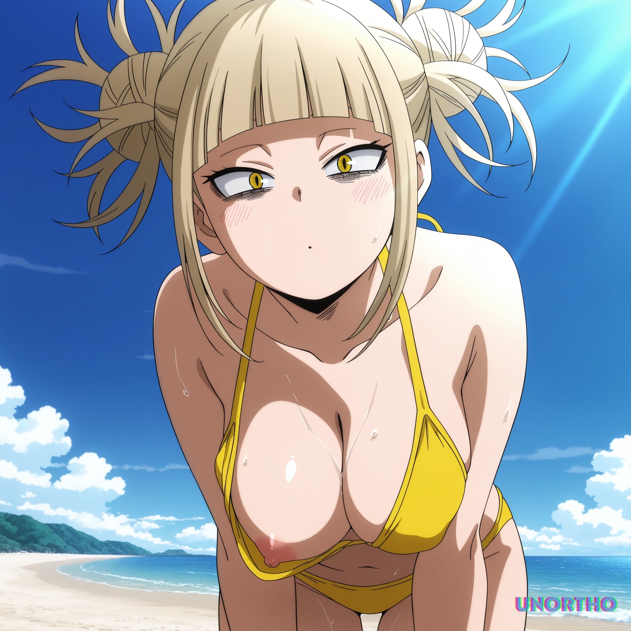 1girls, accurate art style, ai generated, beach, big breasts, bikini, black eyebrows, blonde hair, blonde-haired female, blush, boku no hero academia, breasts, closed mouth, dot mouth, double bun, exposed breast, exposed nipple, female, hi res, himiko toga, leaning forward, looking at viewer, my hero academia, navel, nipples, one nipple out, sunny, un0rth0, wet, wet body, yellow bikini, yellow eyes