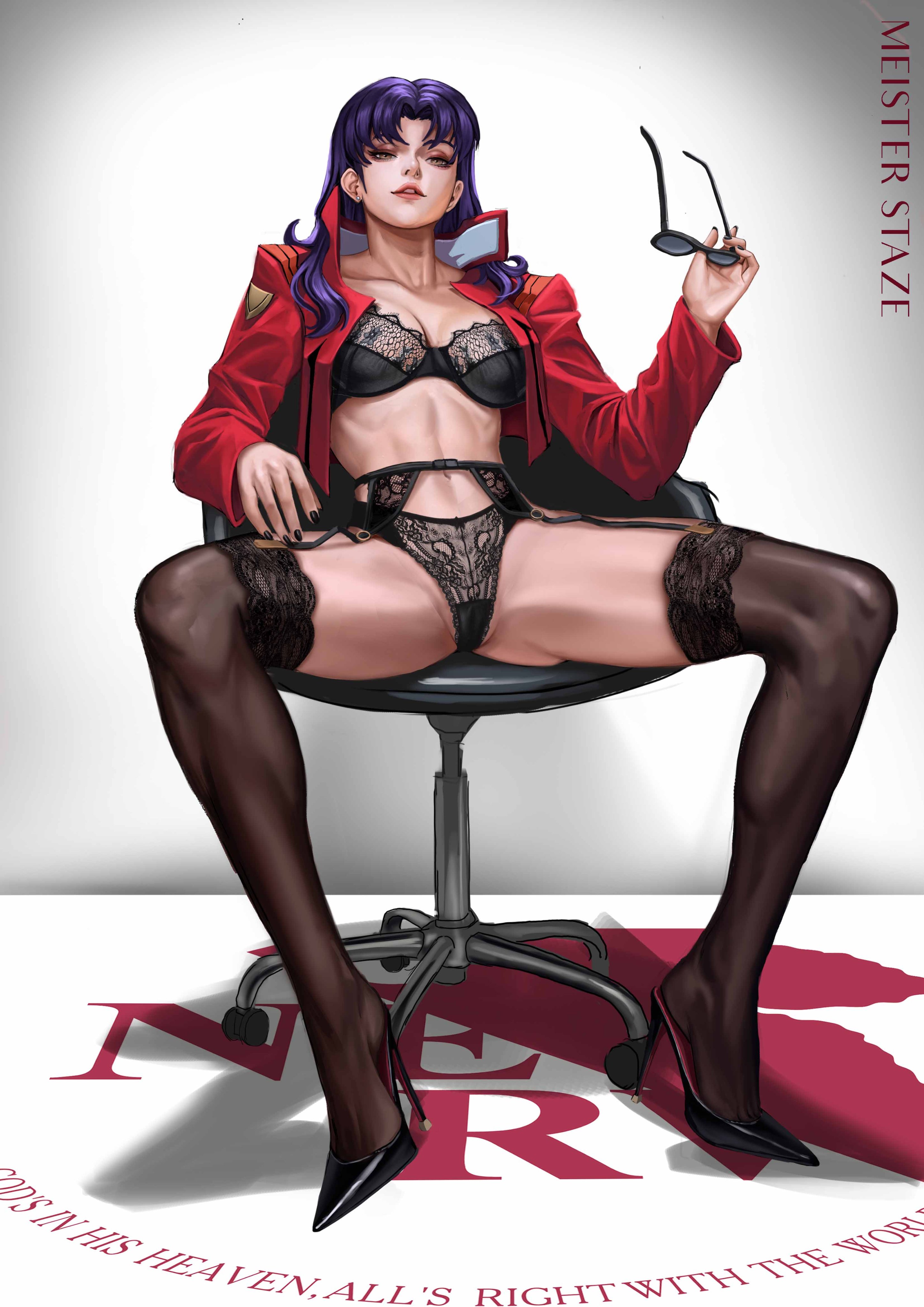 1girls, artist name, black bra, black nail polish, black nails, black panties, black thighhighs, bottomwear, bra, brown eyes, chair, ear piercing, earrings, female, female only, footwear, full body, garter belt, garter straps, heels, high heels, holding object, jacket, lace, lace trim, lace-trimmed bra, lace-trimmed garter belt, lace-trimmed panties, lace-trimmed thighhighs, legs, legs spread, legwear, lips, long hair, mature, mature female, mature woman, meister staze, misato katsuragi, nail polish, nails, neon genesis evangelion, open jacket, panties, parted lips, purple hair, red jacket, sitting, solo, solo female, spread legs, sunglasses, thighhighs, thighs, topwear