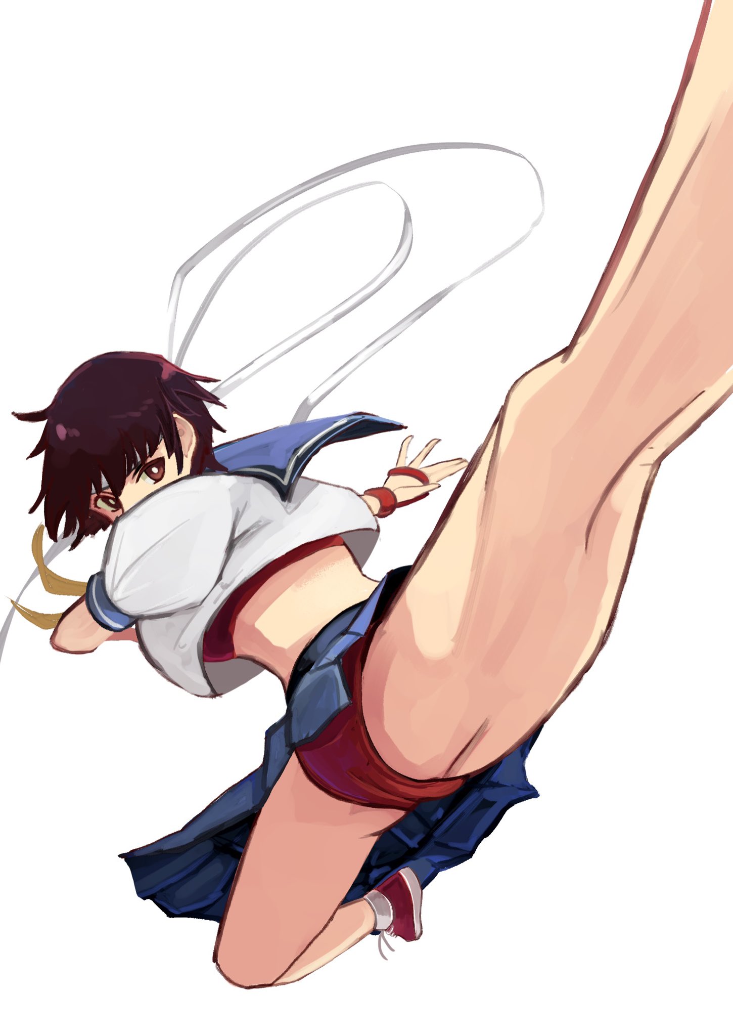 1girls, bloomers, brown eyes, brown hair, kicking, panties, pantyshot, pantyshot (kicking), red panties, red underwear, sakura kasugano, school uniform, schoolgirl, short hair, street fighter, street fighter alpha, street fighter iv, street fighter v, underwear, upskirt
