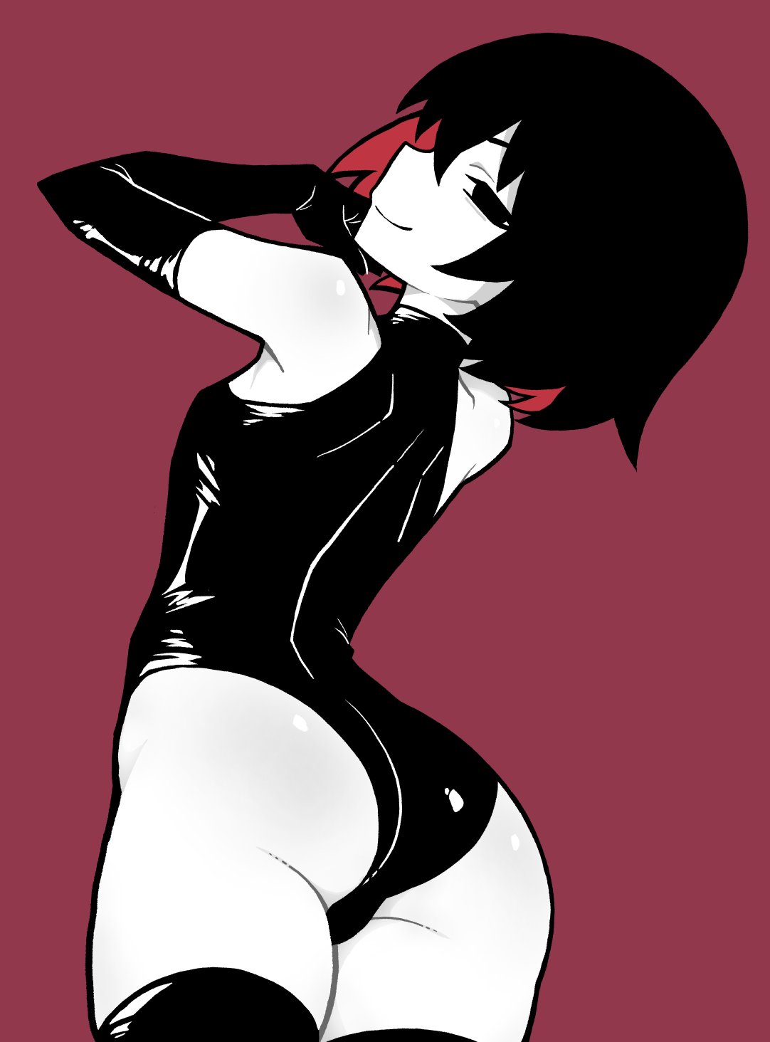 akableak, androgynous, big ass, black eyes, black hair, latex, latex gloves, latex thighhighs, monogatari (series), oshino ougi, smile, thick ass, thighhighs, white skin