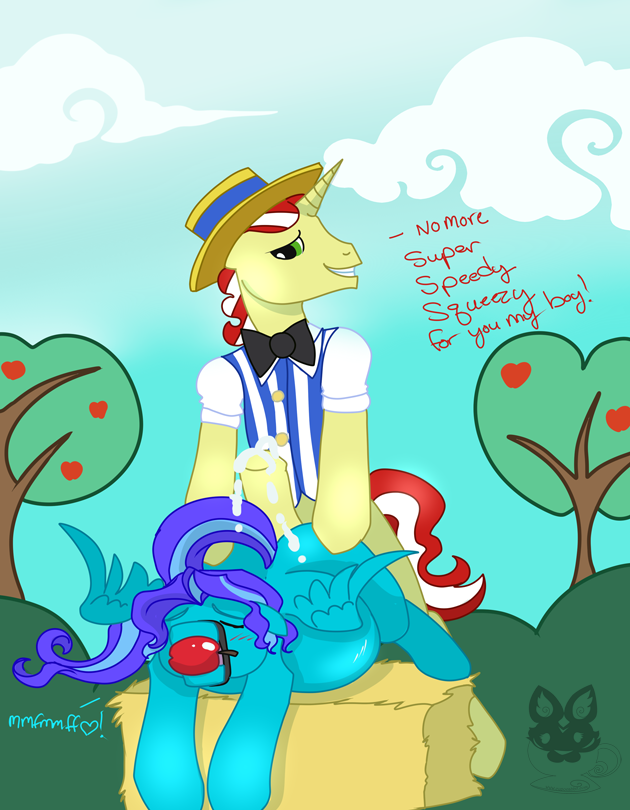 apple blush bow_tie buttjob clothes color day duskfall english_text equine flim_(mlp) friendship_is_magic from_behind fruit fur furry furry_only gag gay hair hat hay headgear horn horse male my_little_pony outdoors pegasus pony sex text tree two_tone_hair wings wood