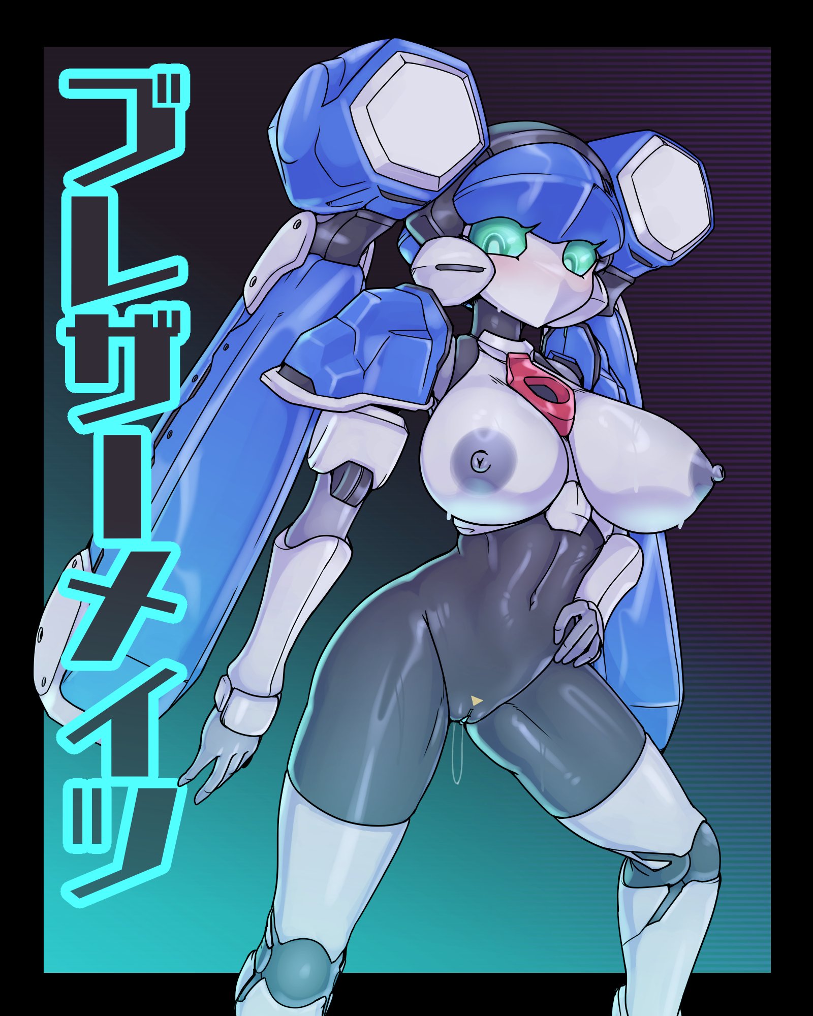 big breasts, blazermate, breasts, busty, female, green eyes, hand on hip, mechanical hair, medarot, nipples, no mouth, pussy, pussy juice, pussy juice drip, robot, robot girl, robot humanoid, scuttlefish, twintails, vagina