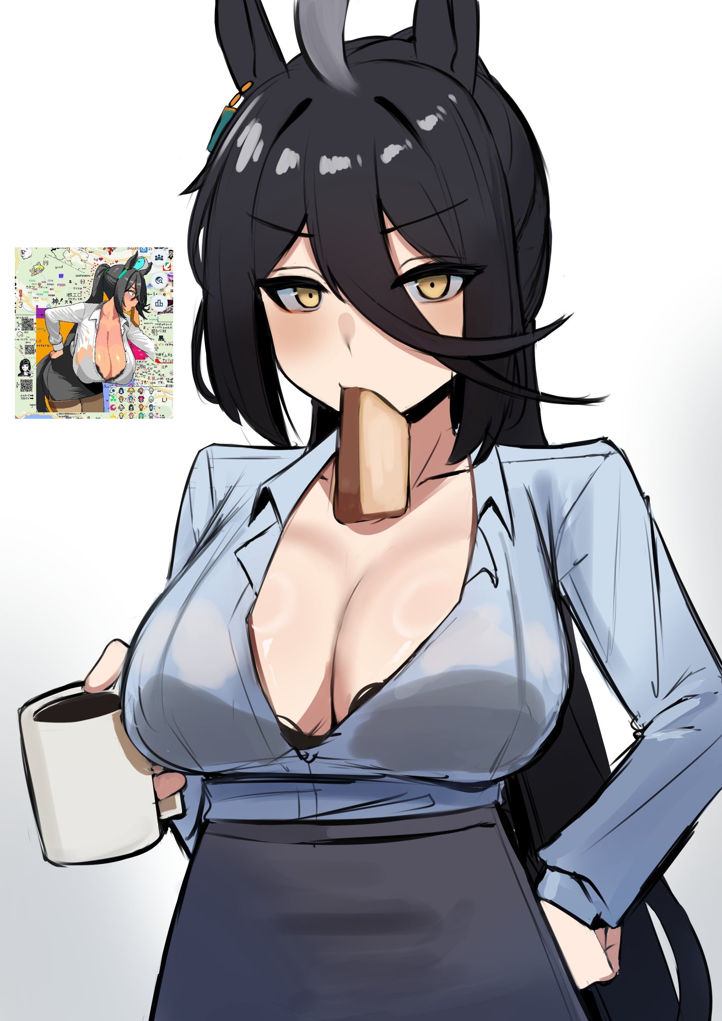 1girls, ahoge, animal ears, big breasts, black hair, breasts, cleavage, coffee, coffee mug, dress shirt, female, female only, horse ears, horse girl, iog art, iog626, large breasts, light skin, light-skinned female, manhattan cafe (umamusume), open clothes, open shirt, pencil skirt, ponytail, reference image, skirt, solo, tied hair, umamusume, umamusume pretty derby, wplace, yellow eyes