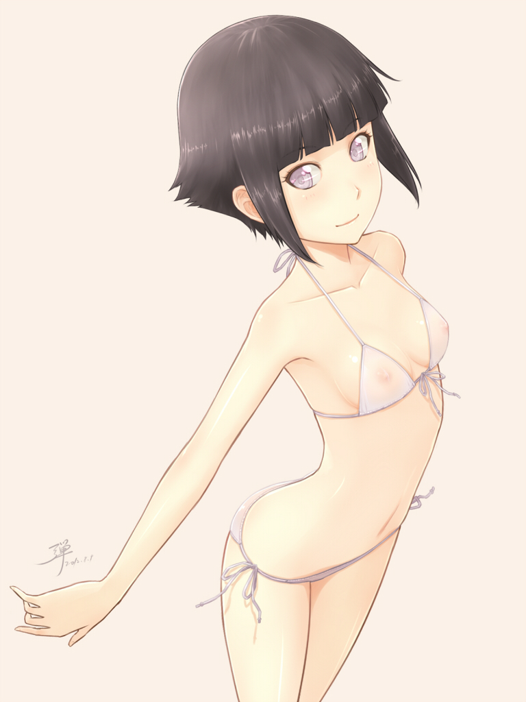 adam700403 arched_back bare_shoulders bikini black_hair breasts cleavage collarbone erect_nipples female from_above front-tie_top human hyuuga_hinata lavender_eyes looking_at_viewer micro_bikini naruto naruto_(classic) navel nipples pink_background see-through shiny shiny_skin short_hair side-tie_bikini simple_background smile solo string_bikini swimsuit white_bikini