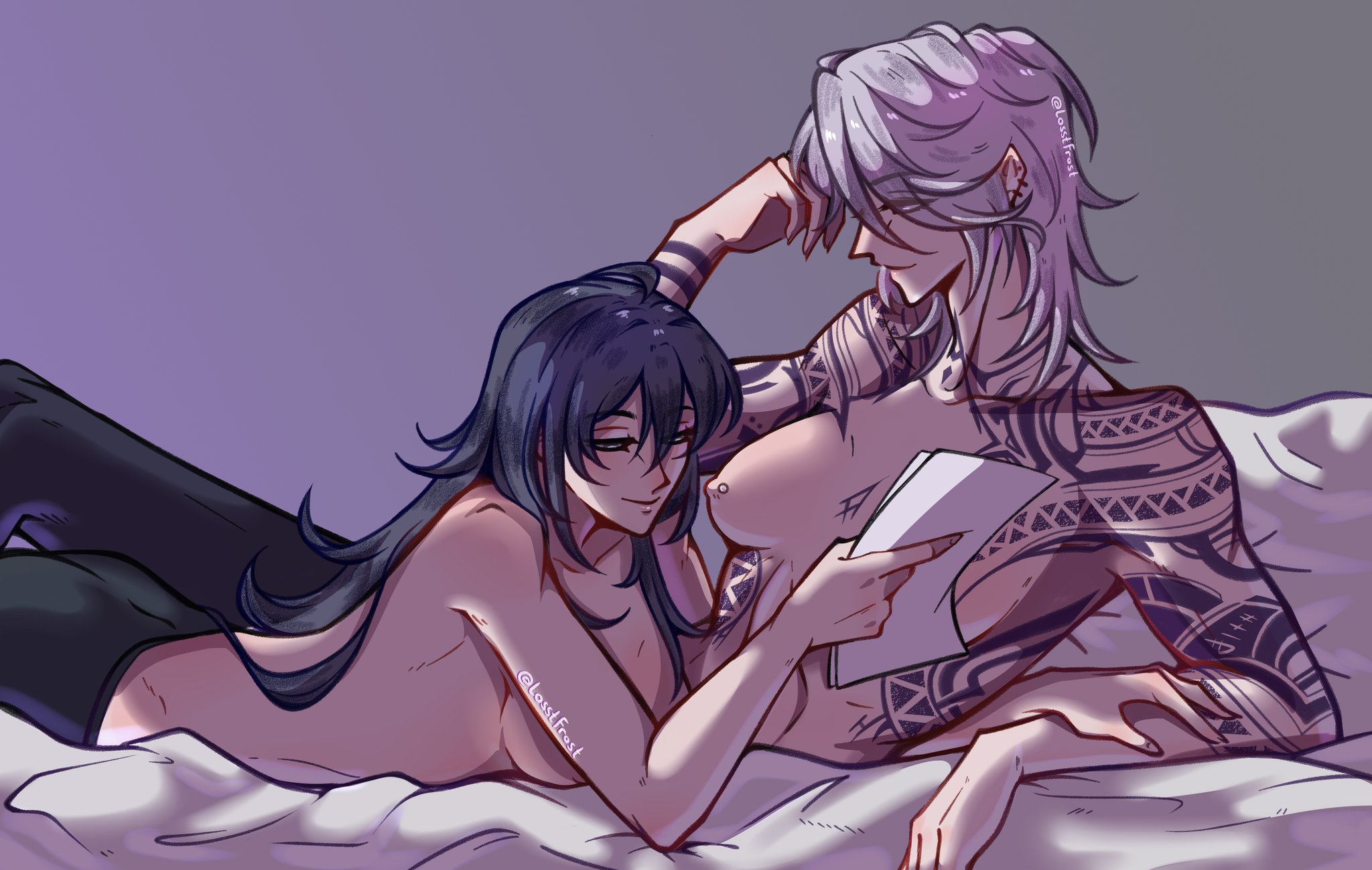 bed, bedroom, boobs out, breasts, breasts out, chief (path to nowhere), clothed, clothes, clothing, female, female chief (path to nowhere), female focus, female only, implied sex, long hair, losstfrost, nipple piercing, nipples, path to nowhere, tattoo, tattooed arm, tattoos, tits out, yuri, zoya (path to nowhere)