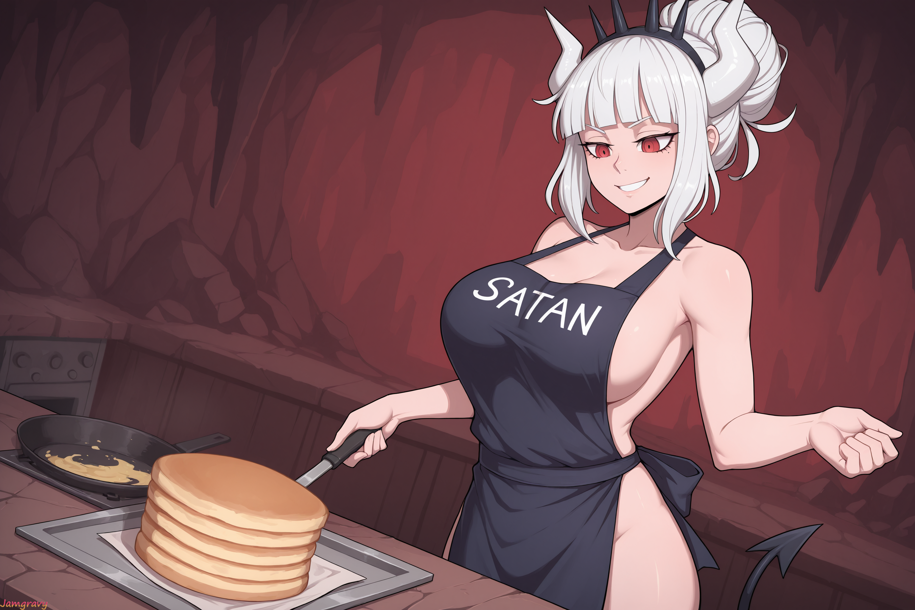 1girls, ai assisted, ai generated, breasts, cooking, crown, demon girl, demon horns, demon tail, female, female focus, female only, food, hair bun, hell, helltaker, highres, horns, huge breasts, jamgravy, kitchen, kitchen utensils, light skin, light-skinned female, lucifer (helltaker), milf, naked, naked apron, naked female, pancake, red eyes, revealing, smile, solo, solo female, solo focus, tail, white hair, white horns, wide hips