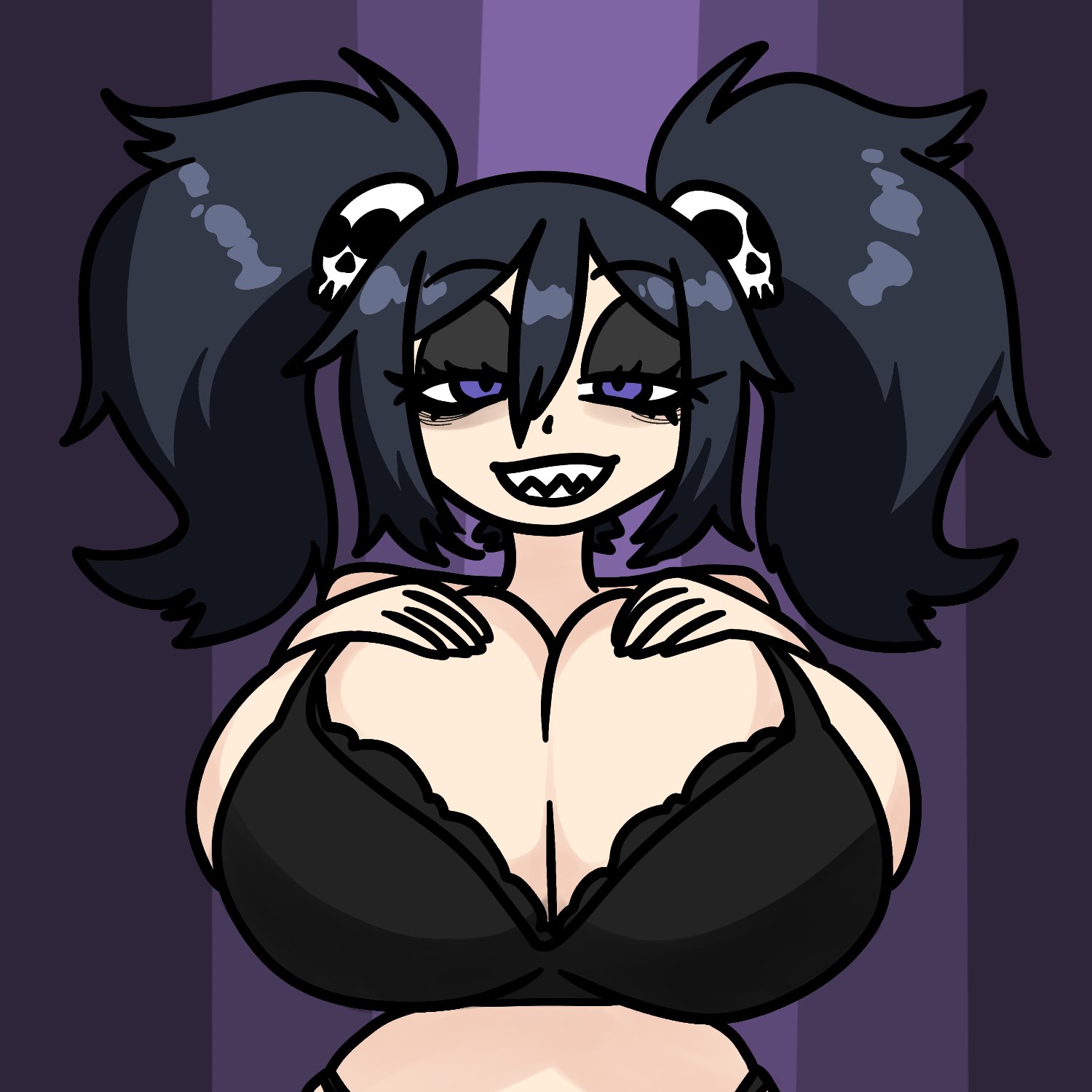 1girl, 1girls, black bra, black hair, borrowed character, bra, breasts, cleavage, diabeticcat, eyeshadow, female, female only, gigantic breasts, goth, hair between eyes, hair ornament, hatsune miku, huge breasts, looking at viewer, makeup, panties, purple eyes, sharp teeth, skull hair ornament, smile, solo, solo female, standing, teeth, twintails, underwear, vocaloid