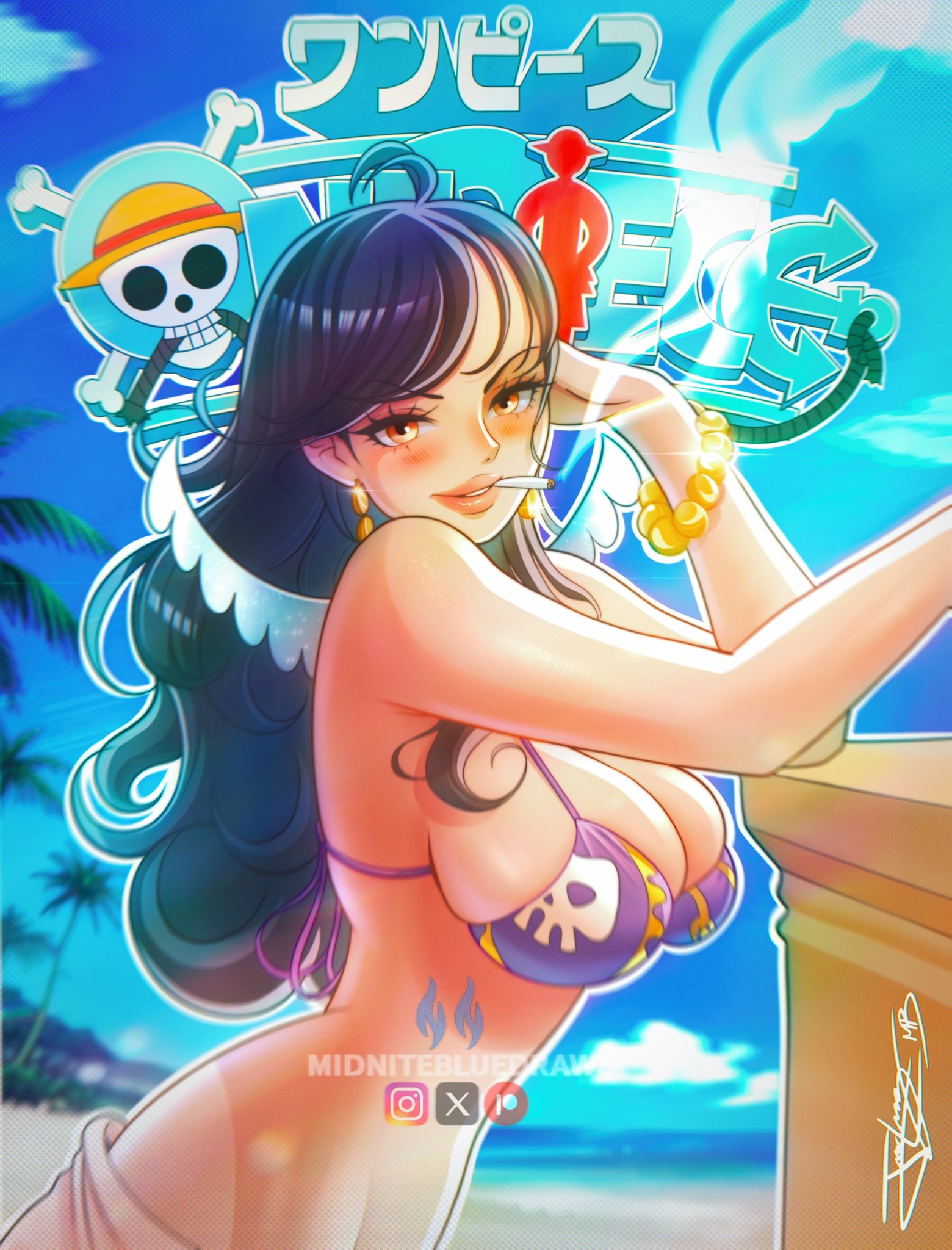 1girls, bare arms, bare shoulders, big breasts, bikini, bikini top, black hair, black-haired female, breasts, brown eyebrows, brown hair, brown-haired female, cigar, cigar in mouth, cigarette, cigarette in mouth, cigarette pack, cigarette smoke, clothed, clothing, color, female, female focus, female only, hi res, large breasts, light skin, light-skinned female, looking at viewer, midniteblueart, one piece, parted lips, shakuyaku, shounen jump, smile, smiley face, smiling, smiling at viewer, smoke, smoking, smoking cigar, smoking cigarette, solo, solo female, tagme, thick thighs