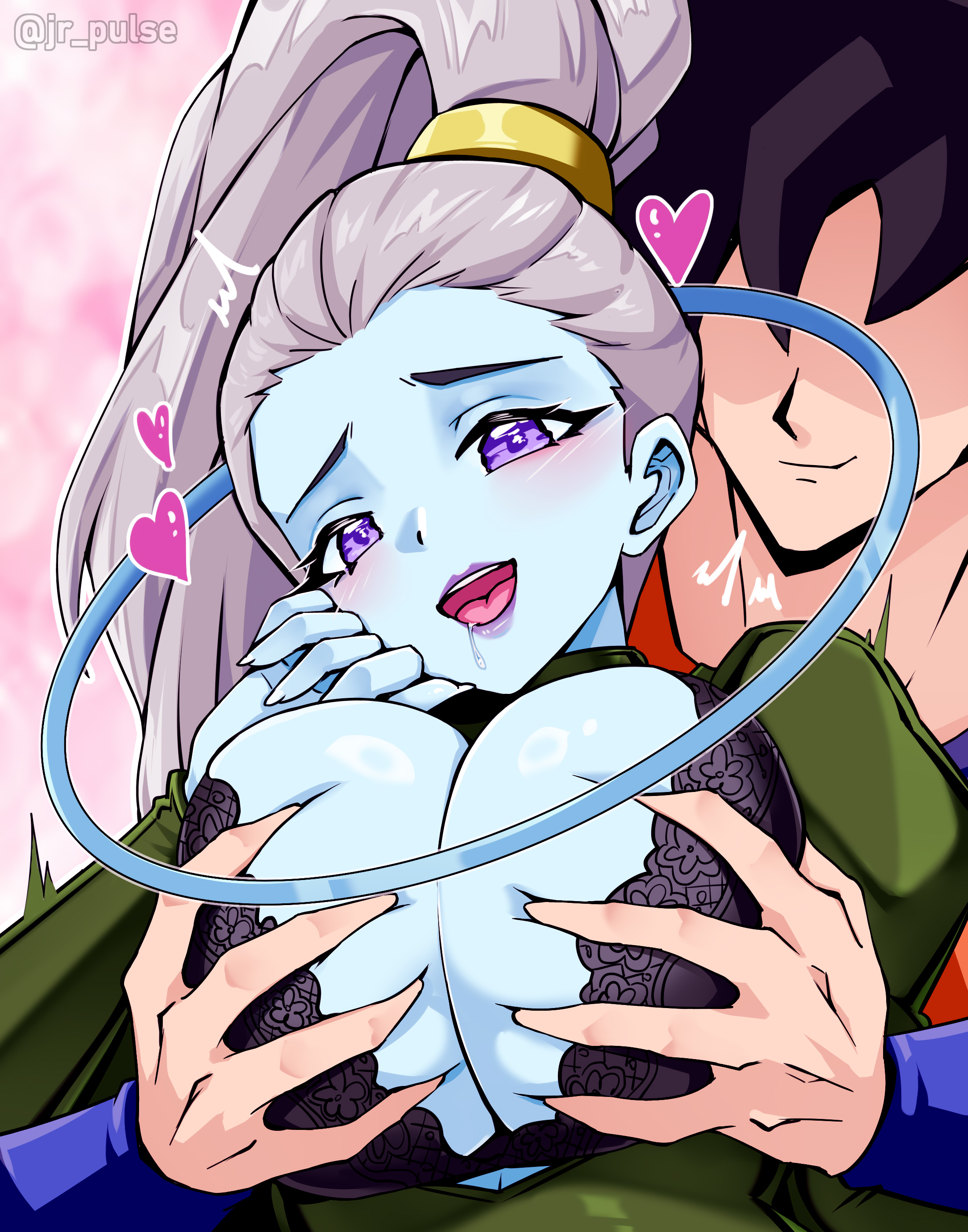 1boy, 1girls, angel, black hair, blush, breasts, color, dragon ball, dragon ball super, female, grabbing breasts, grey hair, hand on breast, hi res, jrpuls3, light skin, long hair, male, male/female, saiyan, short hair, son goku, tagme, vados