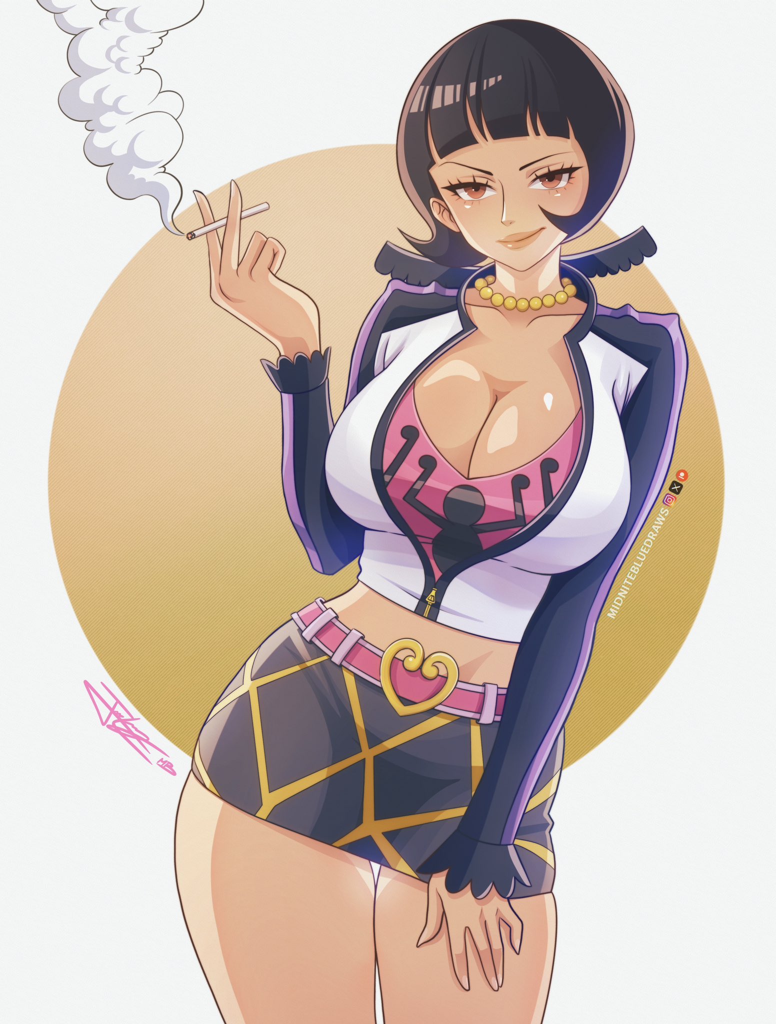 1girls, big breasts, black hair, black-haired female, breasts, cigarette, clothed, clothing, color, female, female focus, female only, hi res, large breasts, light skin, light-skinned female, looking at viewer, midniteblueart, one piece, shakuyaku, short hair, shounen jump, solo, solo female, tagme, thick thighs