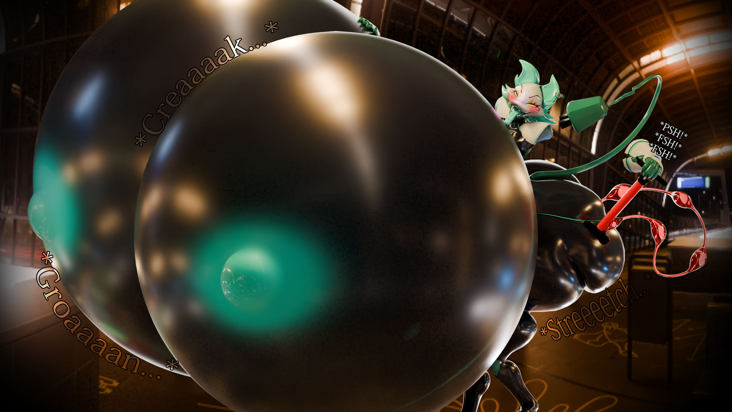 1girls, 3d, 3d (artwork), anthro, ass expansion, ass inflation, black body, blue nipples, blush, breast expansion, breast growth, breast growth (enlargement), breast inflation, breasts, deltarune, expansion, female, huge ass, huge breasts, huge nipples, hyper, hyper ass, hyper breasts, inflation, nipples, notsobretheren, onomatopoeia, solo, solo female, tasque manager (deltarune), tongue out