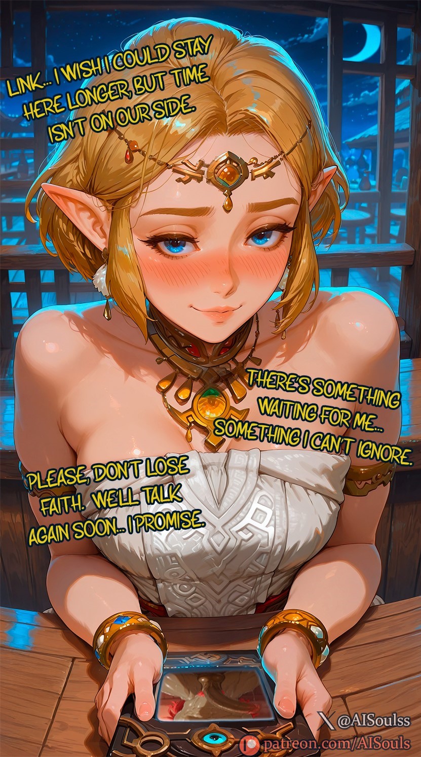 1boy, 1girls, 2d, abs, after rape, ai, ai assisted, ai generated, aisouls, almost naked, bad end, balls, bare shoulders, big penis, blonde hair, blue eyes, blush, bracelet, breasts, broken rape victim, captured heroine, corrupted, corruption, dark-skinned male, dialogue, earrings, elf, elf ears, enemy conversion, english text, female, femsub, light skin, light-skinned female, lipstick, looking at viewer, male, mind break, muscles, muscular, muscular male, naughty face, necklace, night, patreon username, penis, pov, princess zelda, rape, smirk, talking to viewer, tears of the kingdom, text, the legend of zelda, tiara, uncensored, white dress, zelda (tears of the kingdom)