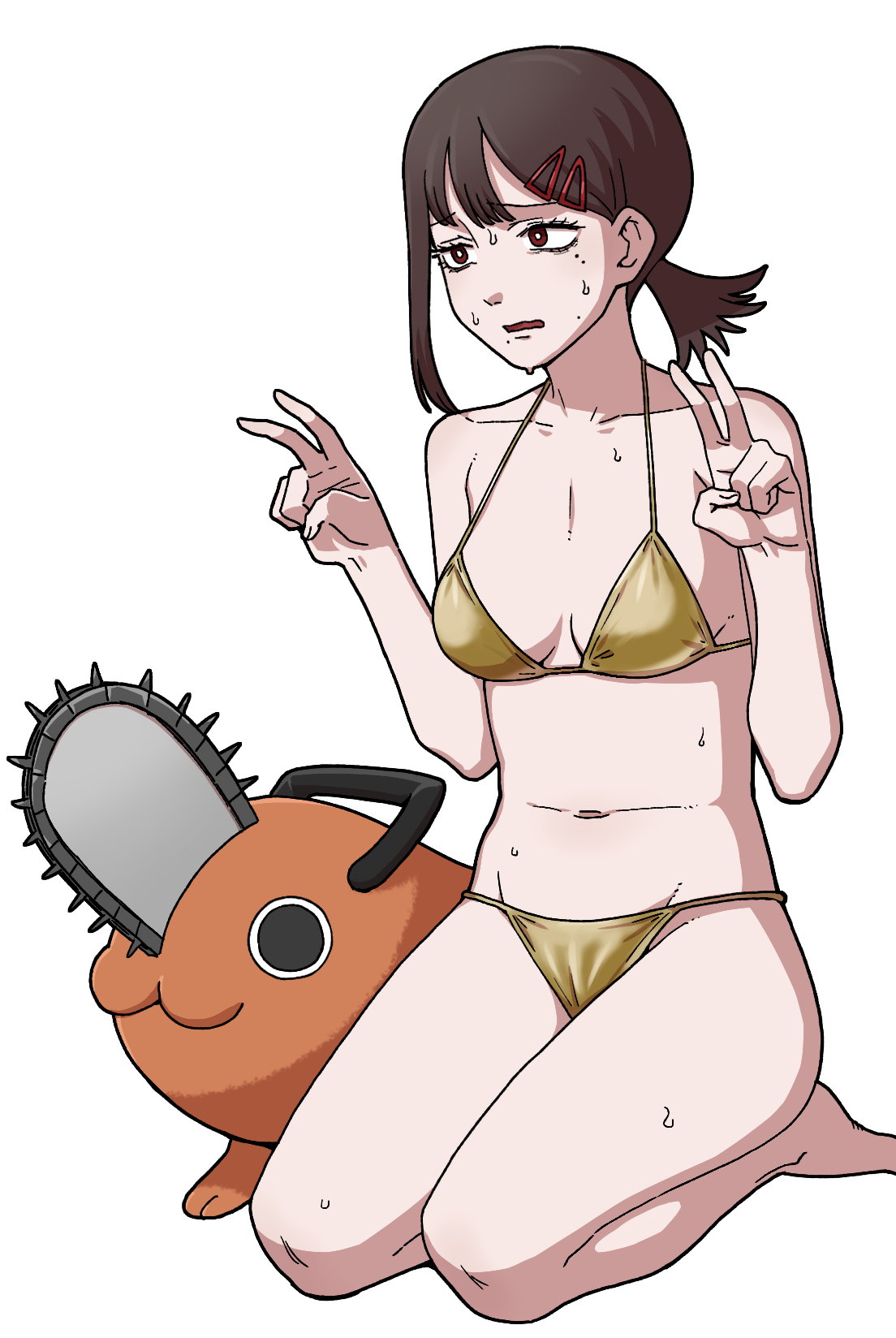 1girls, brown hair, canine, chainsaw man, double v, female, gooberman, hairclip, higashiyama kobeni, kneeling, mole, mole under eye, mole under mouth, peace sign, pochita (chainsaw man), ponytail, red eyes, short hair, solo, solo female, sweat, underwear, yellow underwear