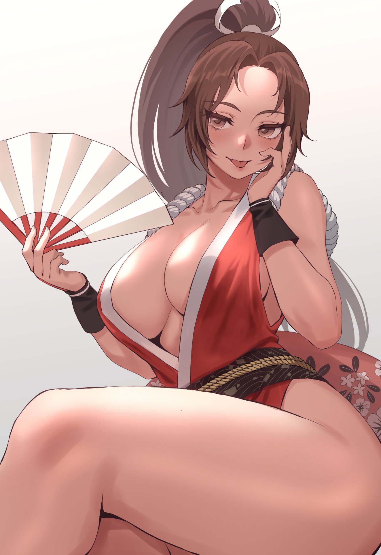 1girls, breasts, carcass (artist), fan, fatal fury, female, highres, human, human female, king of fighters, large breasts, light-skinned female, long hair, mai shiranui, ponytail, snk, solo, tagme, the king of fighters, thick thighs, thighs, tongue out