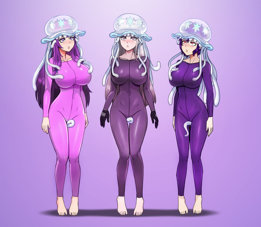 3girls, barefoot, bodysuit, danganronpa, empty eyes, female, female only, femsub, fire emblem, gloves, hypnosis, julia (fire emblem), kirigiri kyouko, long hair, mind control, multiple females, multiple girls, multiple subs, nihilego, nintendo, orange eyes, parasite, patchouli knowledge, pokemon, pokemon sm, purple background, purple eyes, purple hair, shinzu, shinzu031, short hair, simple background, standing, touhou
