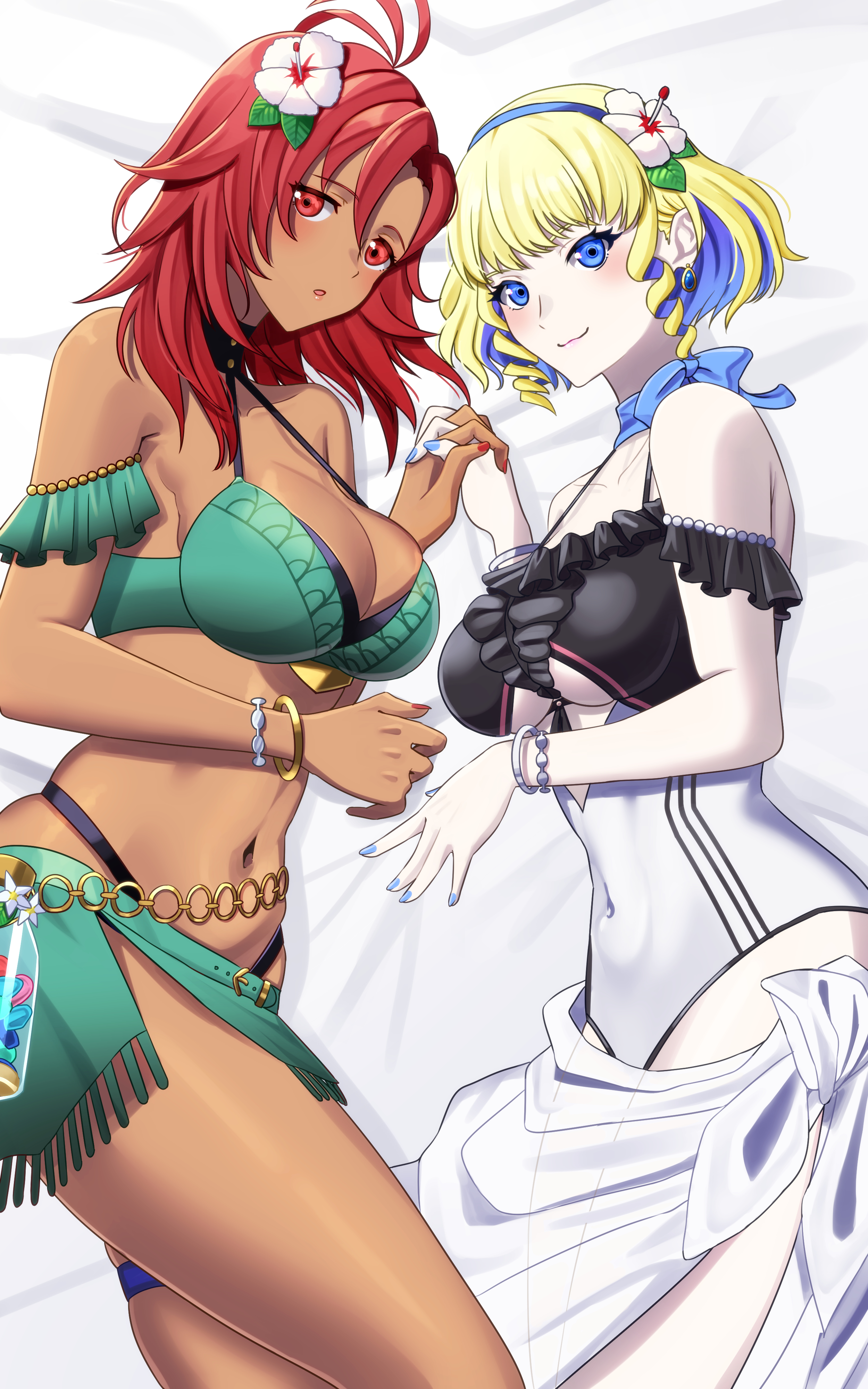2girls, absurdres, bikini, blonde hair, blue hair, blush, bracelet, breasts, chocolate and vanilla, cleavage, closed mouth, constance von nuvelle, covered navel, dark skin, dark-skinned female, drill hair, drill sidelocks, female, female focus, female only, fire emblem, fire emblem heroes, fire emblem: three houses, flower, green bikini, hair flower, hair ornament, hairband, hapi (fire emblem), highres, jewelry, large breasts, light skin, light-skinned female, matching hair/eyes, medium breasts, medium hair, multicolored hair, multiple females, multiple girls, navel, nintendo, official alternate costume, one-piece swimsuit, parted lips, red eyes, red hair, sarong, sidelocks, smile, stomach, swimsuit, underboob, ushiroki, white one-piece swimsuit, white sarong