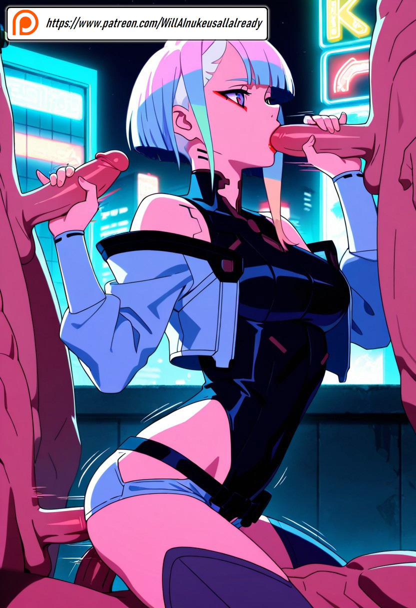 ai generated, cyberpunk 2077, cyberpunk: edgerunners, gangbang, lucyna kushinada, male, partial male, willainukeusallalready
