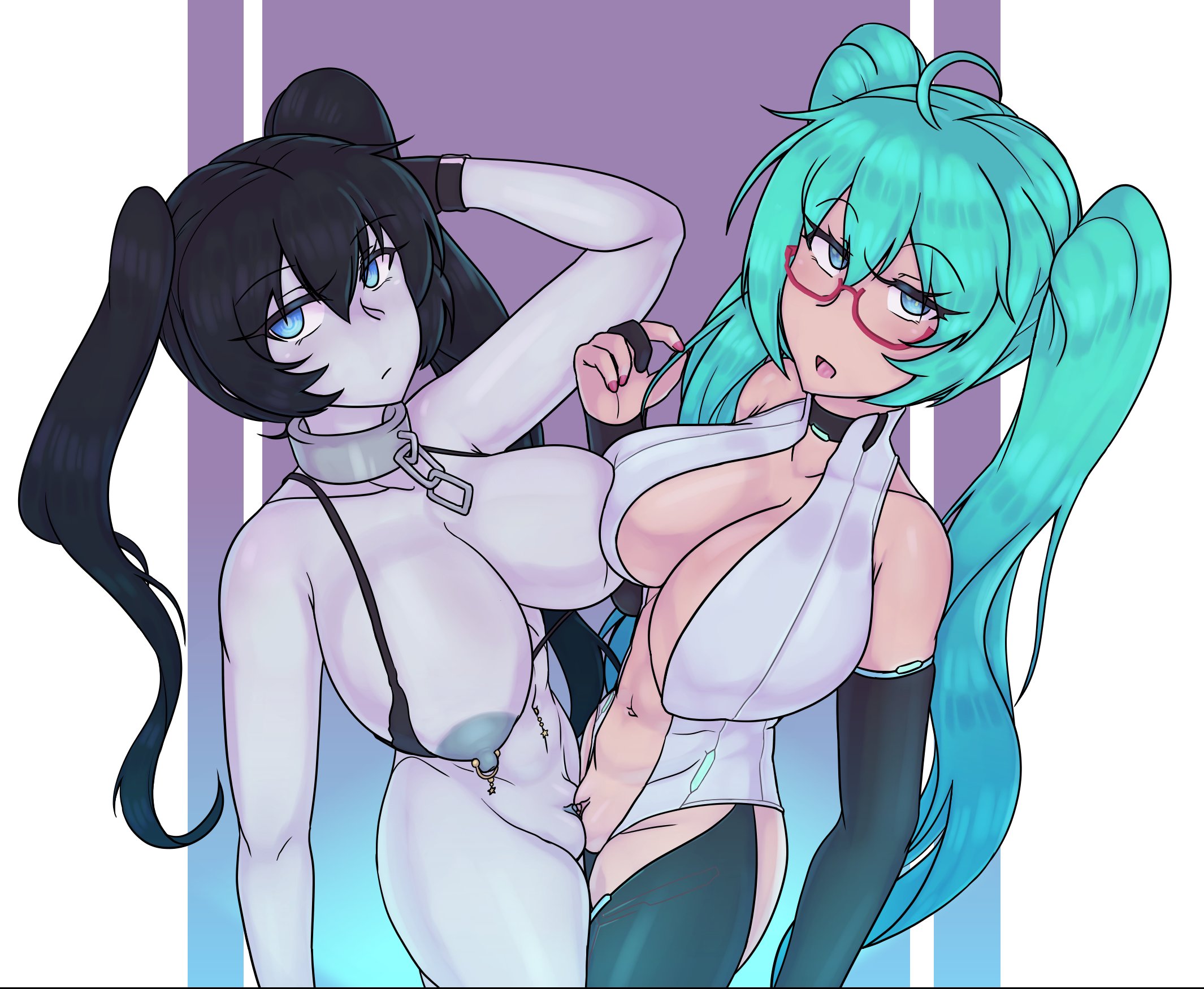 2girls, ahoge, aqua hair, asymmetrical docking, big breasts, black hair, black rock shooter, black rock shooter (character), blue eyes, blue hair, breast press, breasts, busty, chain, cleavage, clitoris piercing, collar, colored skin, female, female only, glasses, gloves, grey nipples, hatsune miku, holding hands, large breasts, light blue hair, long hair, looking at viewer, multiple females, multiple girls, navel, navel piercing, nipple piercing, nipple rings, nipples, open mouth, pale skin, pale-skinned female, pierced nipples, piercing, pussy, red-framed eyewear, scuttlefish, semi-rimless eyewear, swimsuit, twintails, under-rim eyewear, vagina, very long hair, vocaloid, vocaloid append