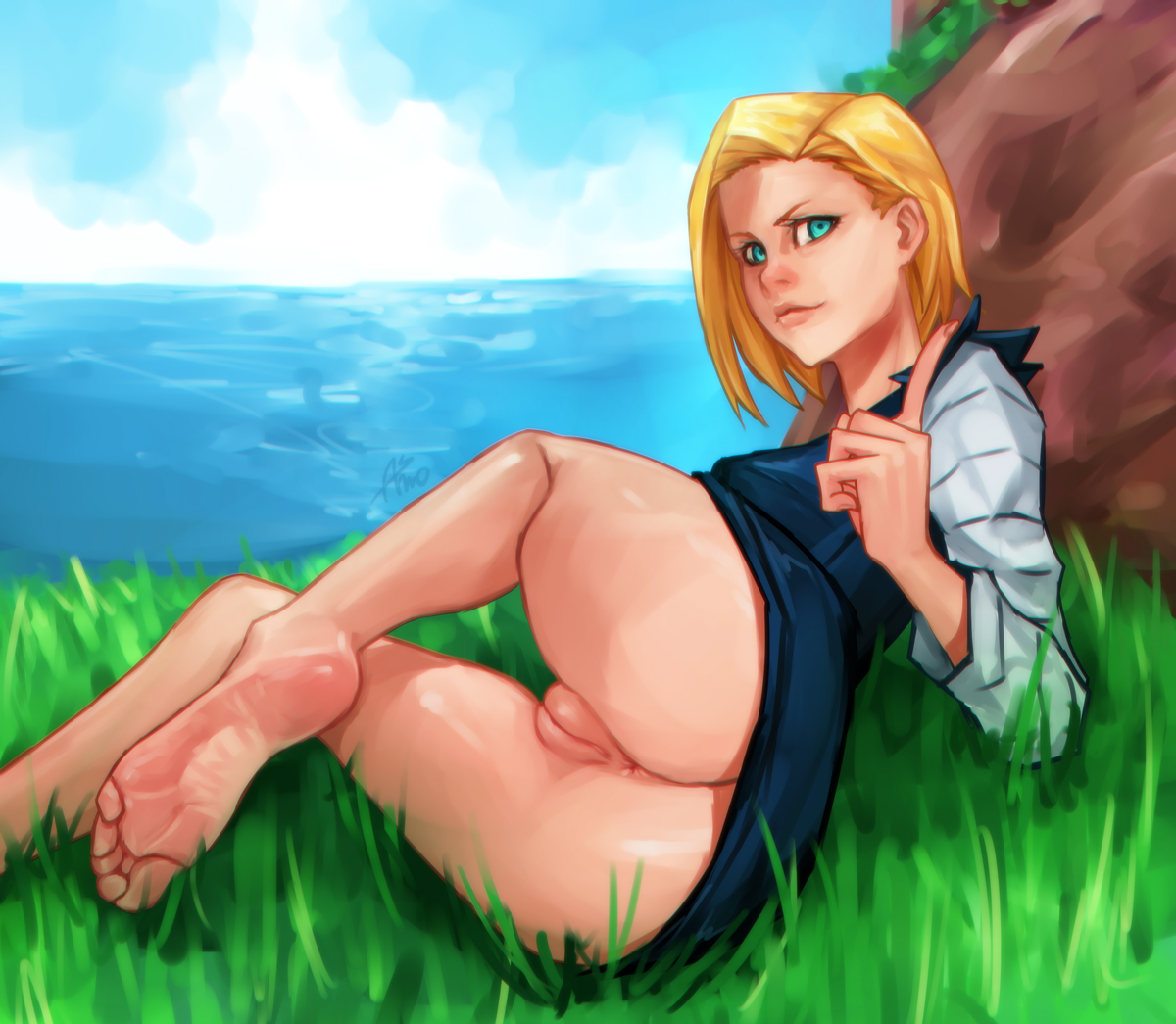 android 18, asmo, ass, barefoot, blonde hair, dragon ball, dragon ball z, feet, female, grass, innie pussy, looking at viewer, lying, nopan, nude, ocean, on side, presenting, presenting hindquarters, pussy, soles