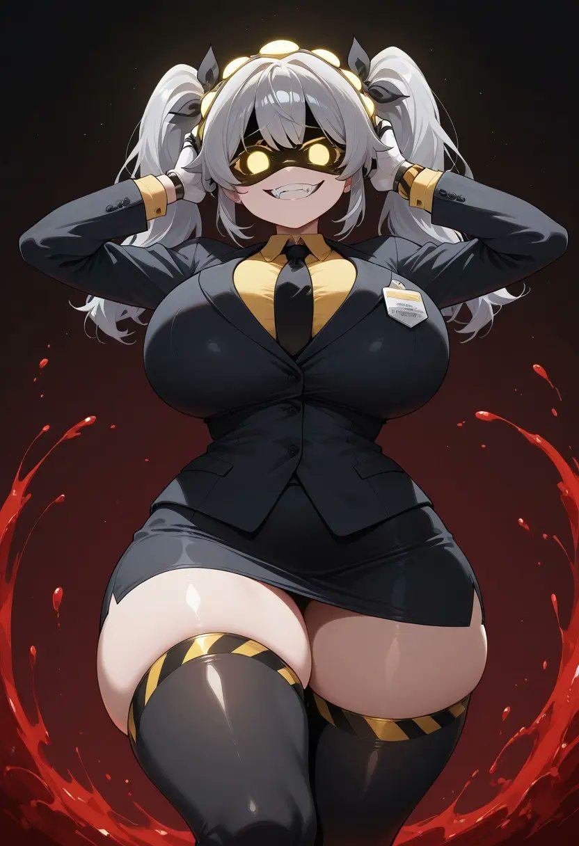 ai generated, big ass, big breasts, blood, breasts, female, female only, full body, grey hair, j (murder drones), md love, murder drones, office clothing, short hair, standing, twintails, yandere, yellow eyes