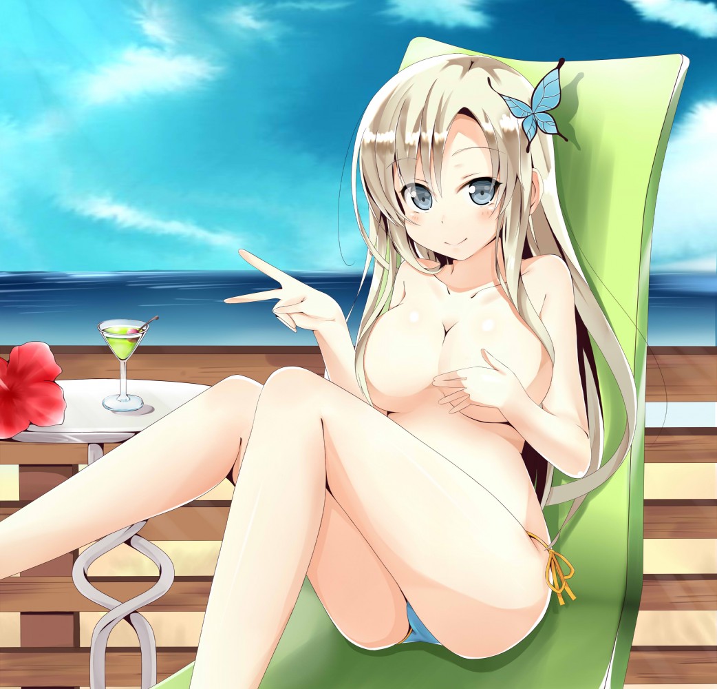 blonde_hair blue_eyes blue_panties boku_wa_tomodachi_ga_sukunai breasts butterfly_hair_ornament chair cocktail covering_breasts female hair hair_ornament human large_breasts legs long_hair mizugi ocean oppai outdoors panties pointy_chin sena_kashiwazaki sitting smile solo string_panties summer tazaki_hayato topless