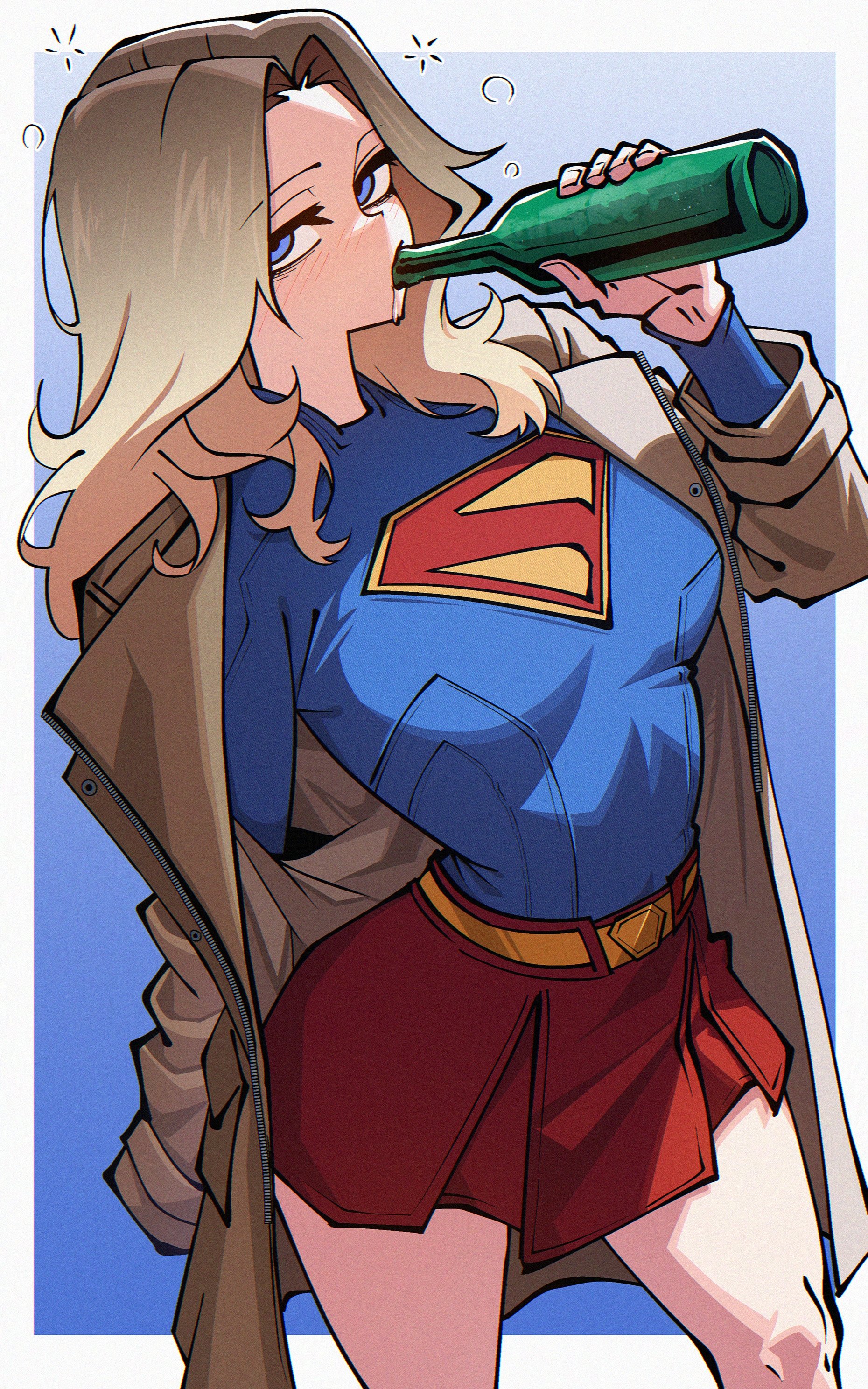 1girls, arched back, blonde female, blonde hair, blue eyes, boots, breasts, cape, clothed, clothes, clothing, coat, color, curvaceous, curvaceous body, curvaceous female, curvaceous figure, curvaceous hips, curvy, curvy body, curvy female, curvy figure, curvy hips, dc, dc comics, dcu, drinking, drunk, drunk bubble, dryegen046, dryegen46, female, female focus, female only, looking at viewer, milly alcock, skirt, supergirl, supergirl (dcu), superhero, superheroine, superman (2025), superman (series), thick thighs, thighs, trenchcoat, twitter link
