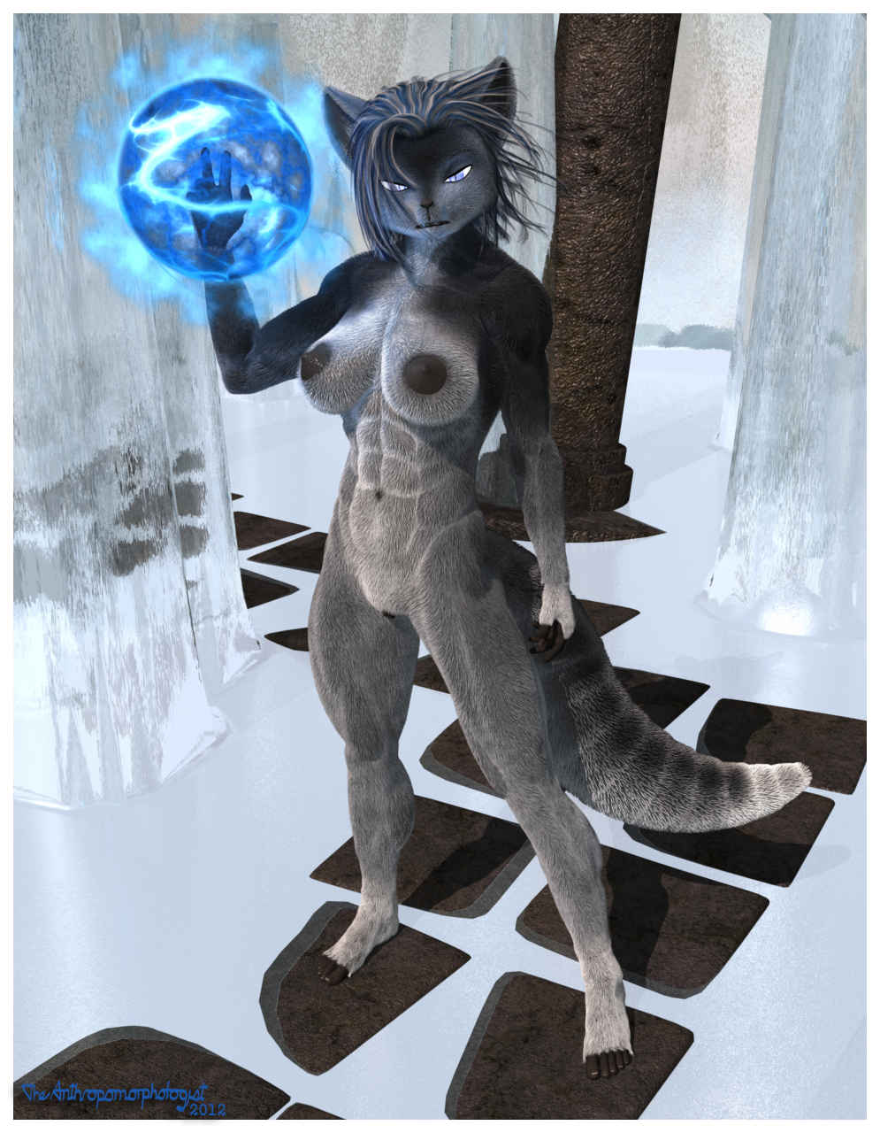 2012 3d abs anthro biceps breasts canine female furry furry_only magic magic_user muscles muscular_female nipples pussy snow solo the_anthropomorphologist wolf wolfess