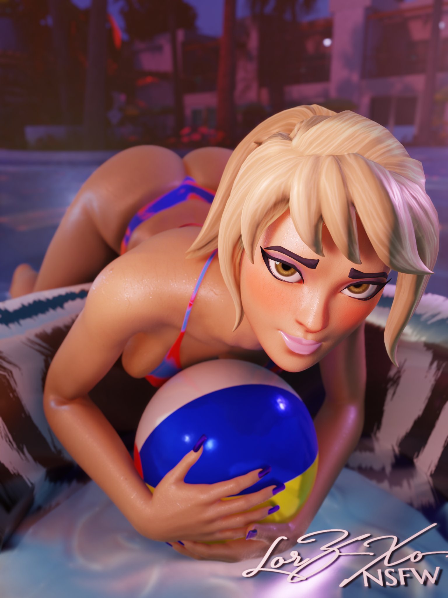 1girls, 2025, 3d, 3d (artwork), 3d background, 3d model, artist name, ass, ass focus, ass up, beach ball, bent over, bikini, bikini bottom, bikini top, blender, blonde female, blonde hair, blush, brown eyes, epic games, evening, female, female focus, female only, fortnite, fortnite: battle royale, headhunter (fortnite) (model), inflatable ring, laying on stomach, looking at viewer, lxrz xo, lying on stomach, multicolored bikini, on object, pink lipstick, pool, pool party, purple nails, rubber ring, seductive, seductive look, seductive pose, short hair, solo, solo female, tide strider (fortnite), tight bikini, tight bikini top, video game character, video games, water, watermark, x redeyes