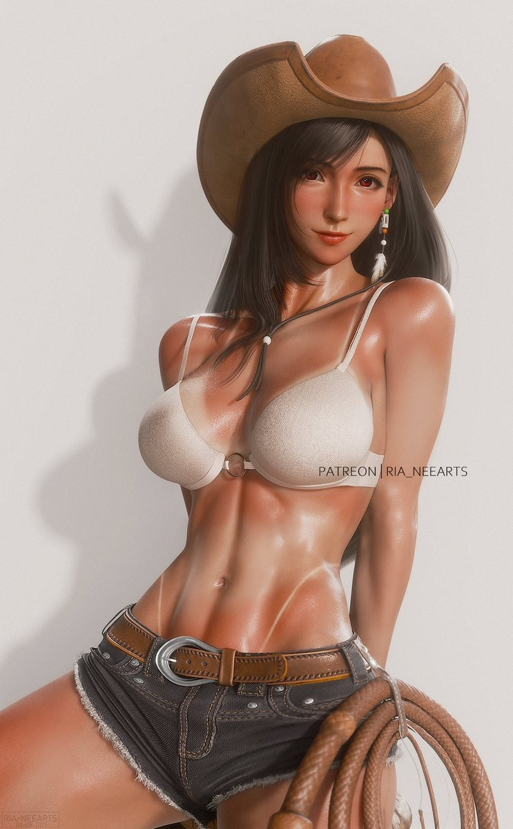 1girls, 3d, belt, belt buckle, big breasts, black hair, bra, breasts, cowboy hat, cowgirl, cowgirl outfit, denim, denim shorts, female, female only, final fantasy, final fantasy vii, final fantasy vii remake, light skin, light-skinned female, realistic, red eyes, ria-neearts, short shorts, shorts, solo, square enix, tan lines, tifa lockhart, whip