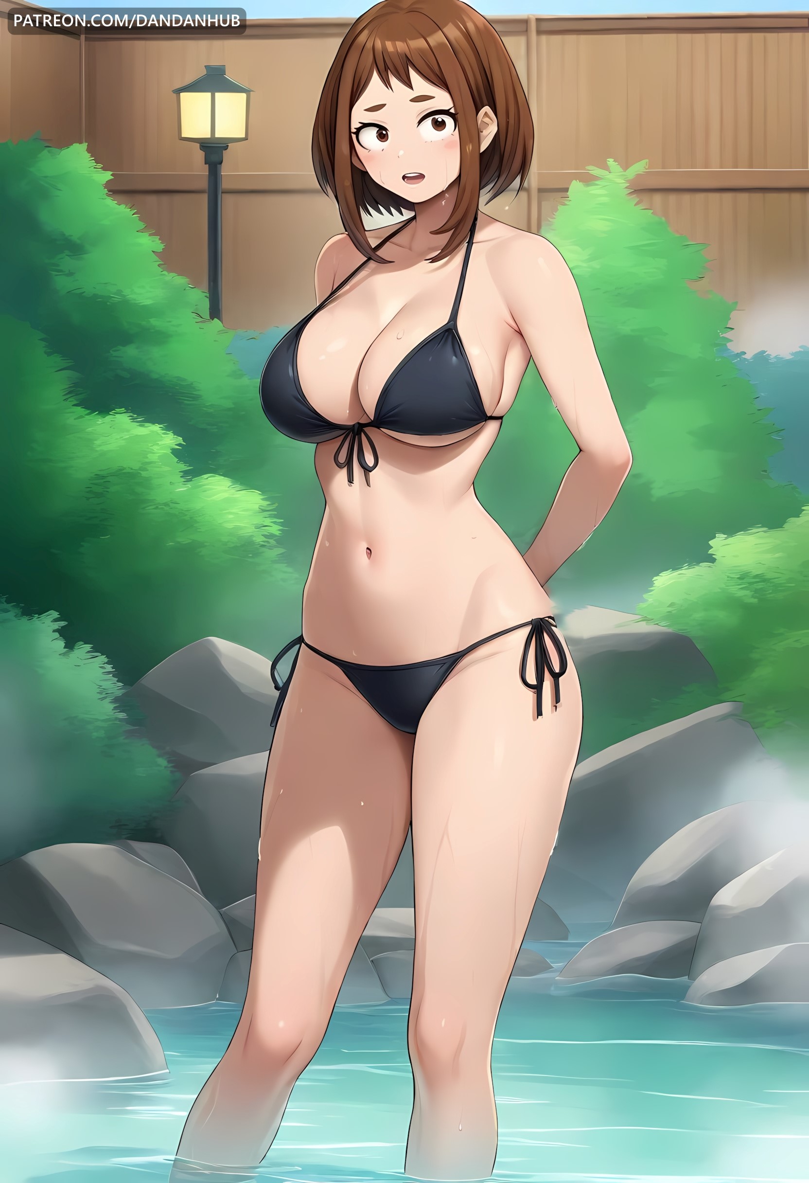 1girls, ai generated, arms behind back, bangs, bare shoulders, bathing, bikini, black bikini, blush, boku no hero academia, breasts, brown eyes, brown hair, brown-haired female, bush, cleavage, collarbone, dandanhub, female, female only, fence, front-tie bikini top, front-tie top, halterneck, large breasts, looking at viewer, my hero academia, navel, ochako uraraka, onsen, open mouth, outdoors, rock, short hair, side-tie bikini bottom, sidelocks, solo, standing, steam, stomach, string bikini, swimsuit, teeth, thighs, upper teeth only, uraraka ochako, wading, water, watermark, wet