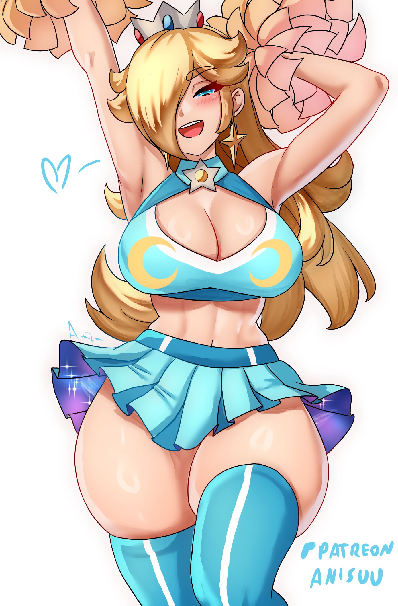 1girls, absurd res, anisdrawn, armpits, arms up, bare shoulders, blonde hair, blue eyes, blue shirt, blue skirt, blue thighhighs, blush, breasts, brooch, cheering, cheerleader, cleavage, crop top, cropped shirt, crown, earrings, female, female focus, female only, grey crown, hair over one eye, hi res, holding, jewelry, large breasts, long hair, looking at viewer, mario (series), midriff, navel, nintendo, open mouth, pom pom (cheerleading), princess rosalina, purple skirt, rosalina, shirt, silver crown, simple background, skirt, smile, solo, star (symbol), star brooch, star earrings, super mario bros., teeth, thick thighs, thighhighs, thighs, white background, wide hips