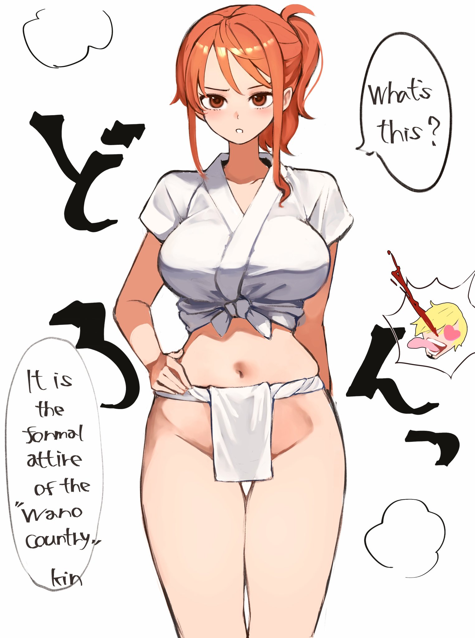 1girls, belly, belly button, big breasts, blush, breasts, clothing, dialogue, english text, female, female focus, female only, fundoshi, hair bun, hand on hip, heart-shaped pupils, kasumi6, loincloth, medium hair, nami (one piece), no bra, no panties, nosebleed, one piece, orange eyes, orange hair, orange-haired female, ponytail, reaction bubble, reaction shot, solo focus, text, text bubble, thick legs, thick thighs, vinsmoke sanji, white body, white skin, yamakasa