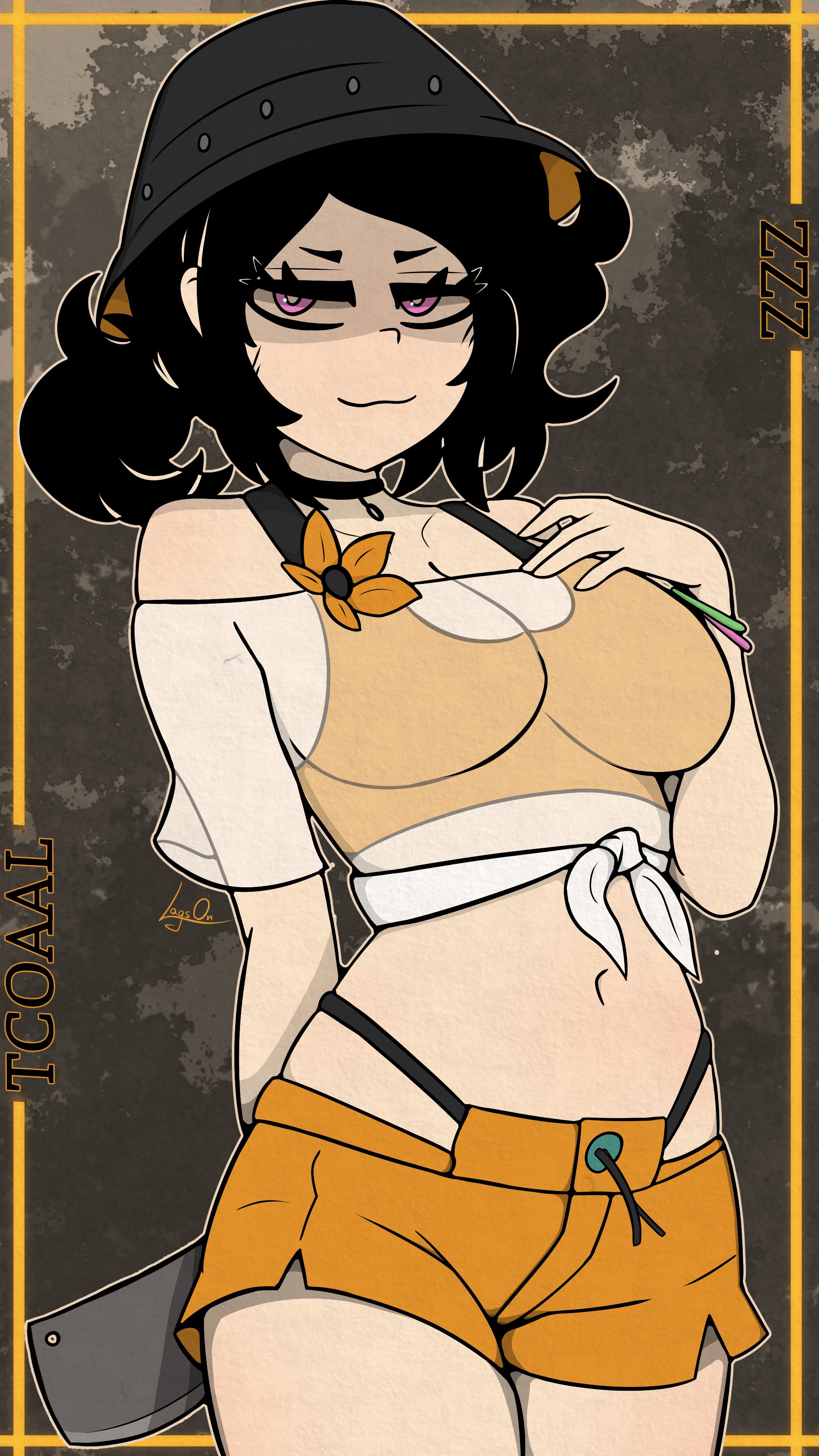 1girls, 2025, 2d, 2d (artwork), absurd res, artist name, ashley graves, belle (summer skies) (zenless zone zero), belle (summer skies) (zenless zone zero) (cosplay), belle (zenless zone zero) (cosplay), big breasts, black hair, black-haired female, blade, breasts, bucket hat, cleaver, clothed, clothed female, concealed weapon, cosplay, english text, female, female focus, female only, hat, highres, human, human only, lags on, lagsoff, lagson, large boobs, large breasts, light skin, light-skinned female, looking at viewer, malicious smile, melee weapon, midriff, pale skin, pale-skinned female, pink eyes, questionable, sfw, solo, solo female, solo focus, text, the coffin of andy and leyley, weapon, zenless zone zero
